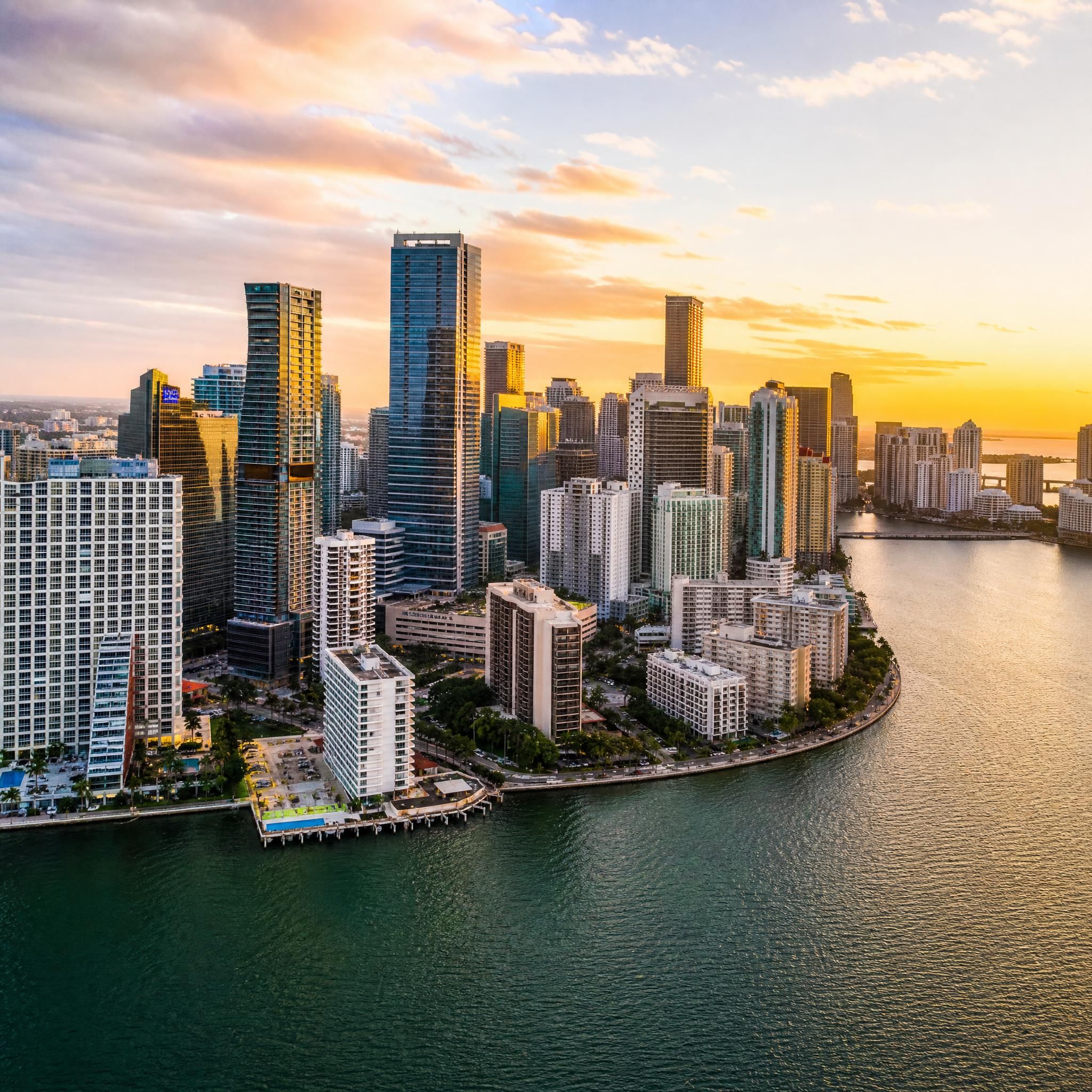 Aerial drone view of Miami's Brickell skyline with luxury high-rise towers and Biscayne Bay waterfront at golden hour
