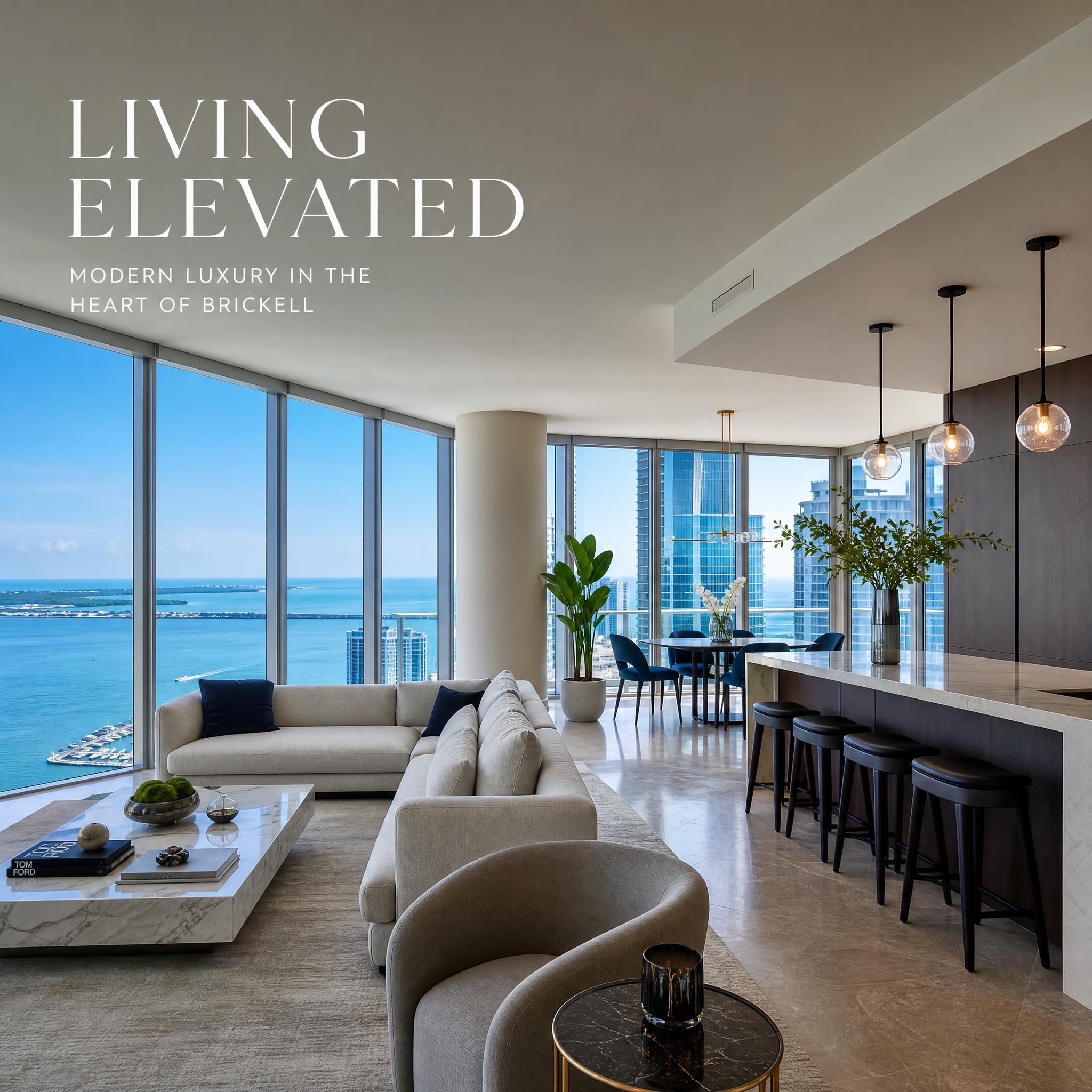Modern luxury Brickell condo tower interior showing floor-to-ceiling windows, open-plan living room with Biscayne Bay views and high-end designer finishes