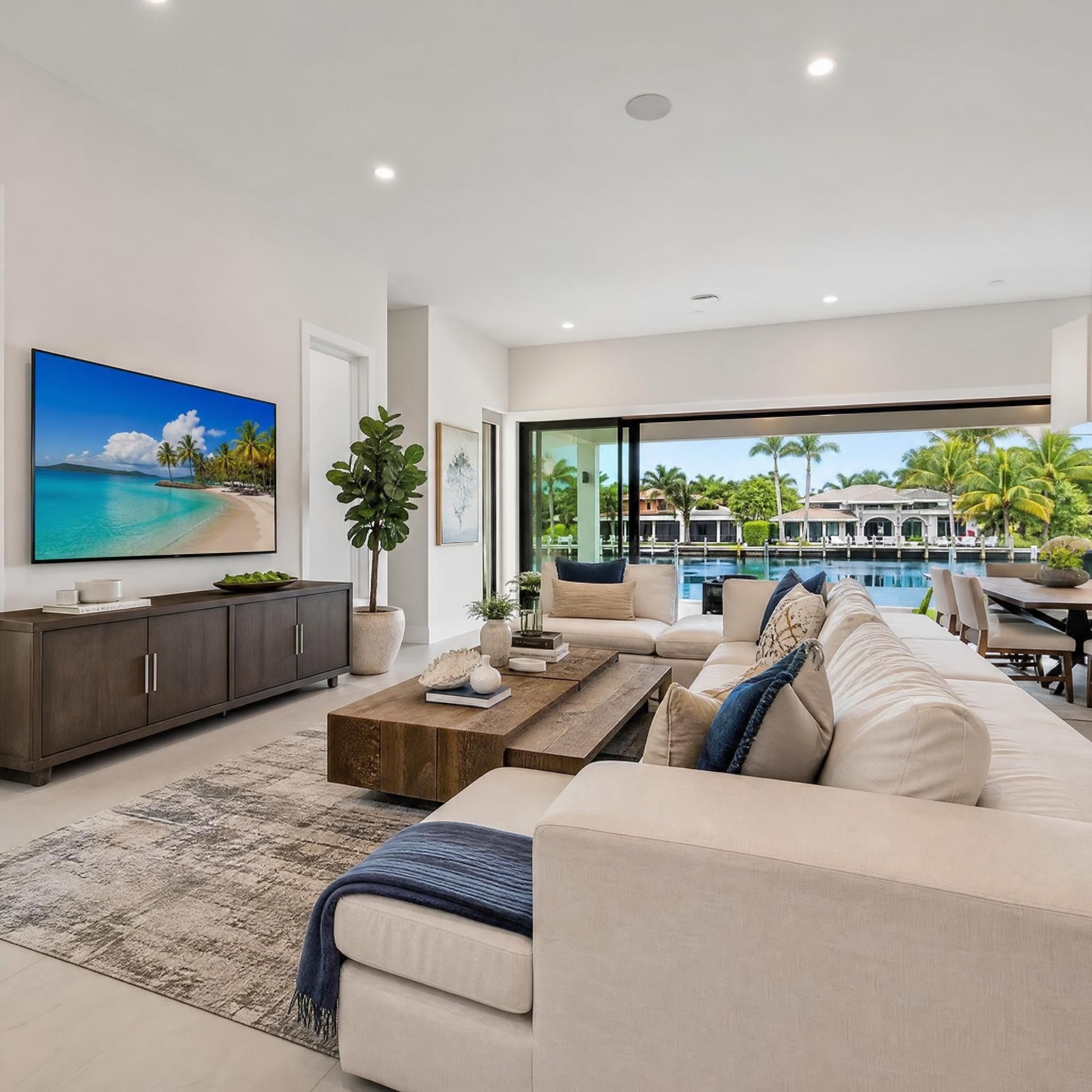 Professional real estate photography of a staged South Florida living room with natural light, showcasing modern interior design for a Miami or Broward County home listing