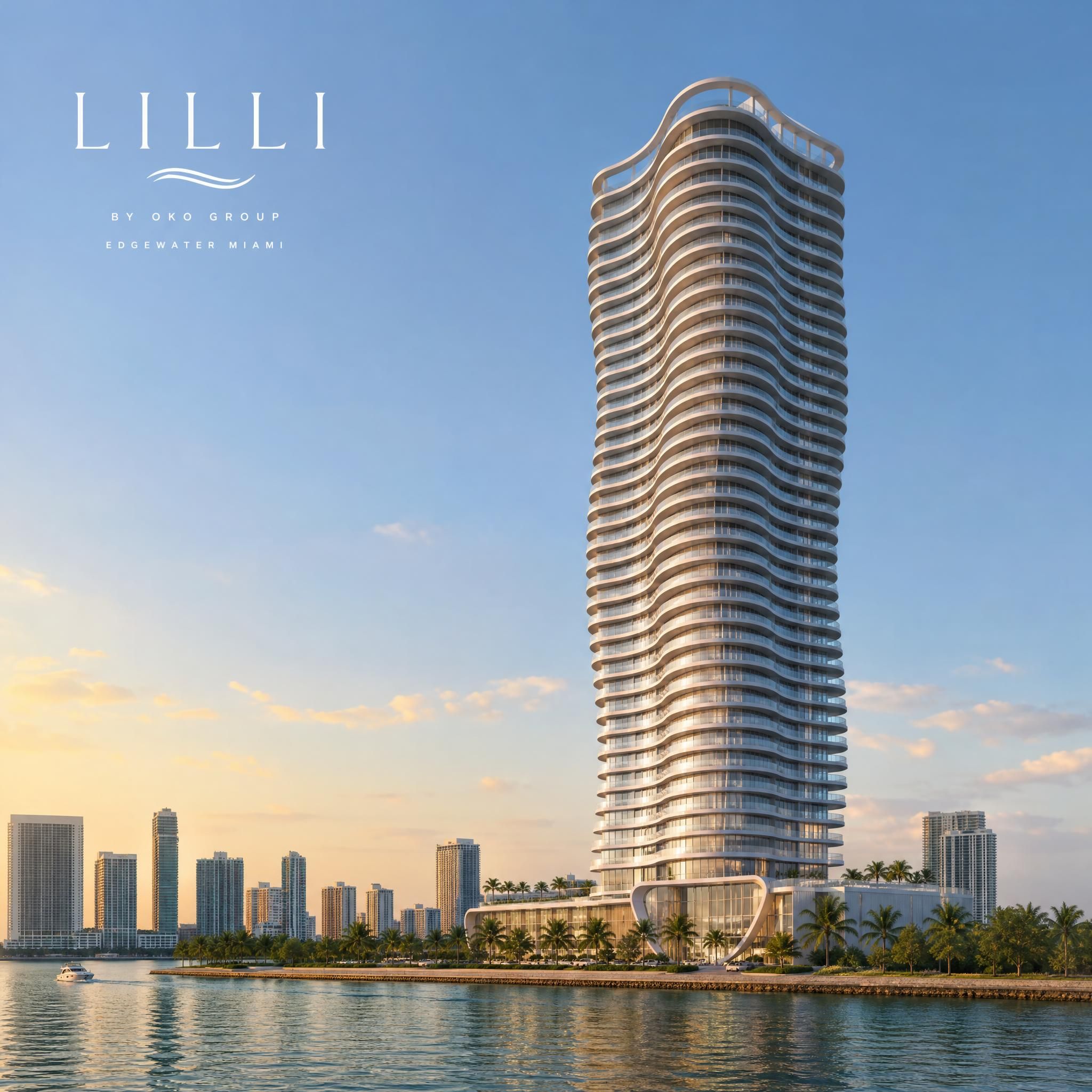 Architectural rendering of Lilli tower by OKO Group in Edgewater Miami, showing the sinuous curvilinear 53-story form rising above Biscayne Bay waterfront