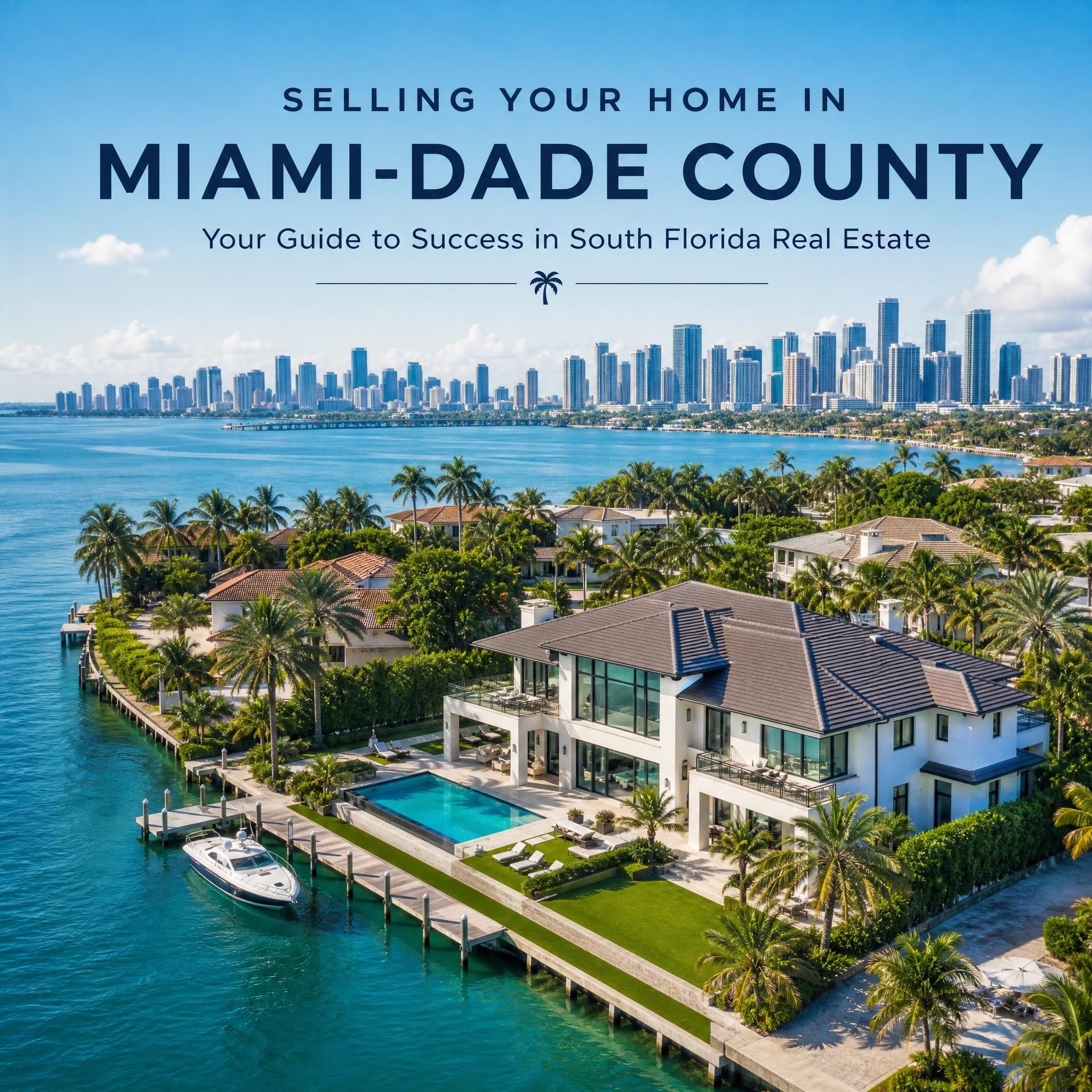 Aerial view of a luxury waterfront home in Miami-Dade County with the Miami skyline in the background, representing South Florida real estate for sellers