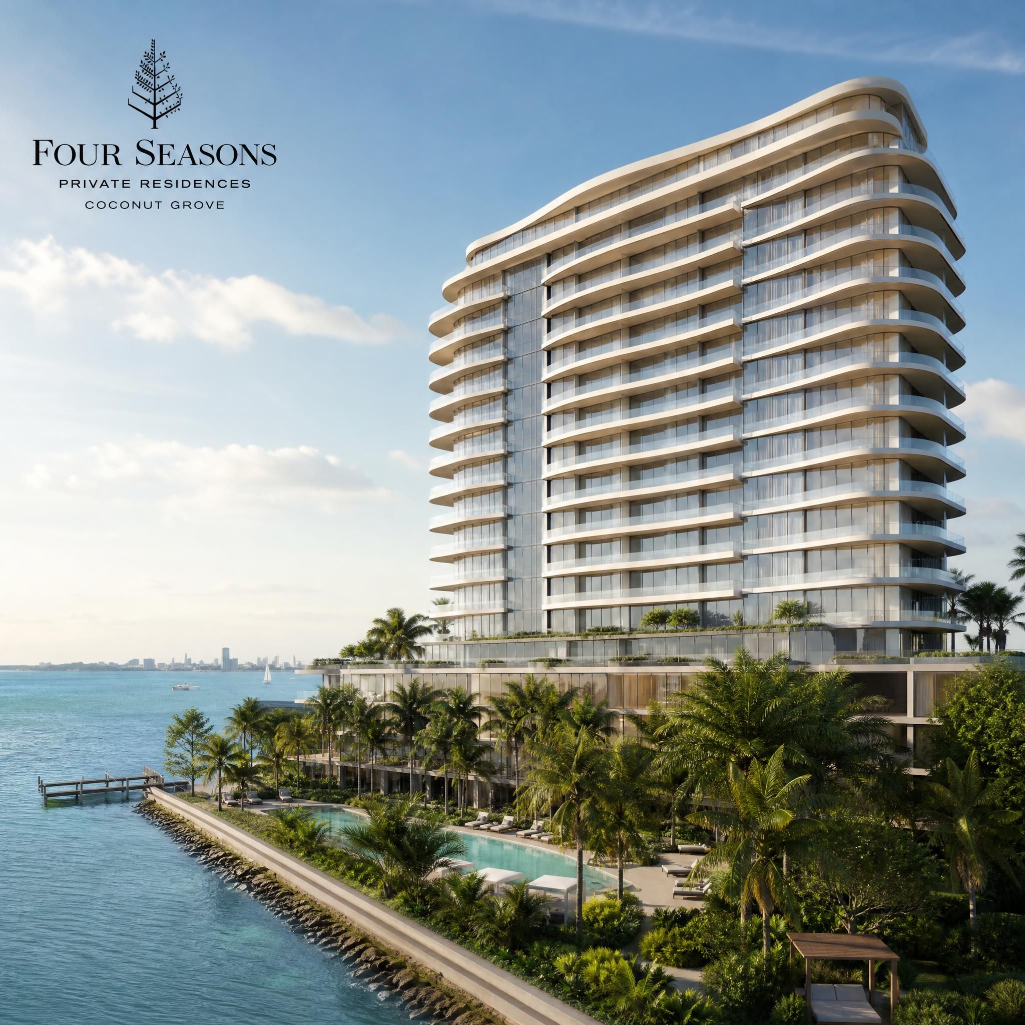 Exterior rendering of Four Seasons Private Residences Coconut Grove, showing the elegant 20-story waterfront tower with soft curves overlooking Biscayne Bay and lush tropical landscaping