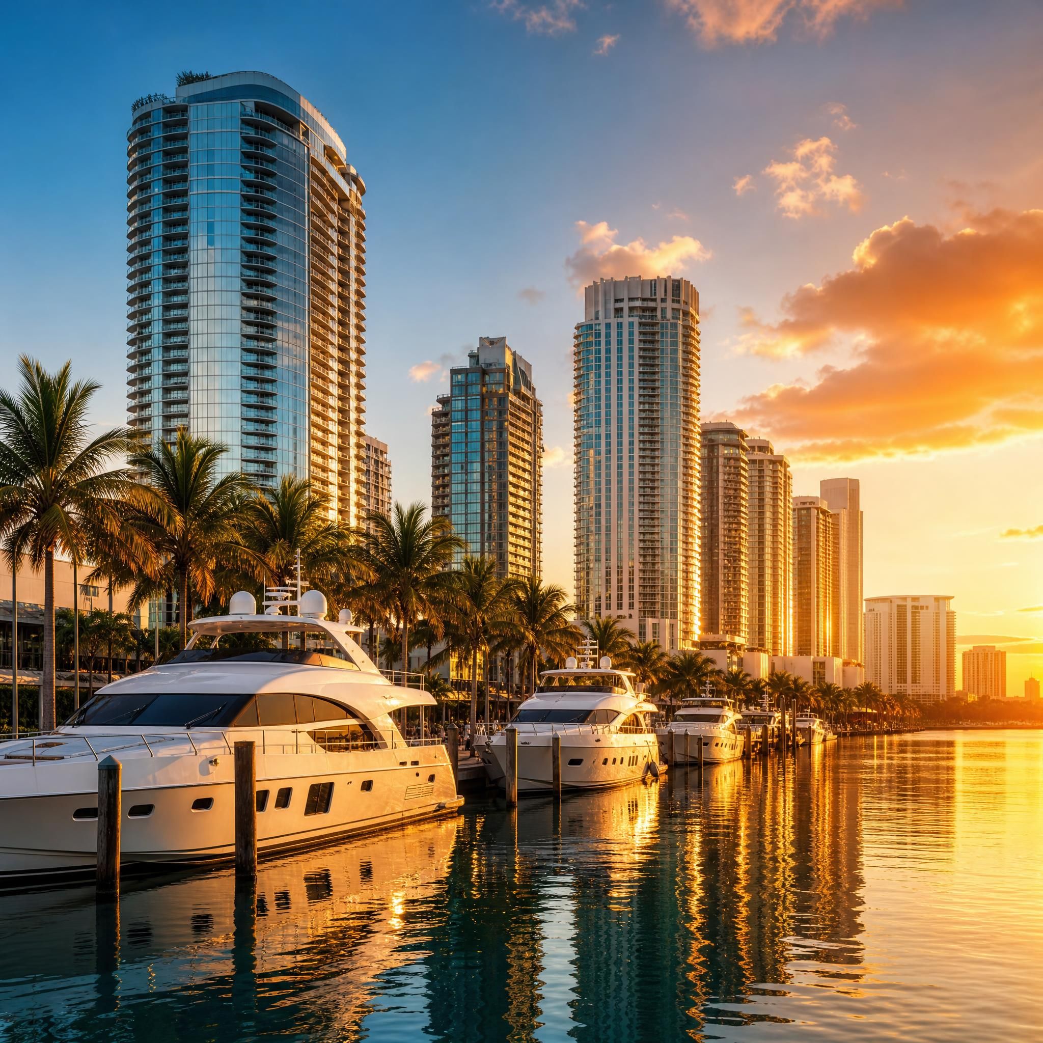 Stunning Miami waterfront lifestyle shot at golden hour, showing luxury yachts docked along Biscayne Bay with gleaming new high-rise towers reflected in the calm water