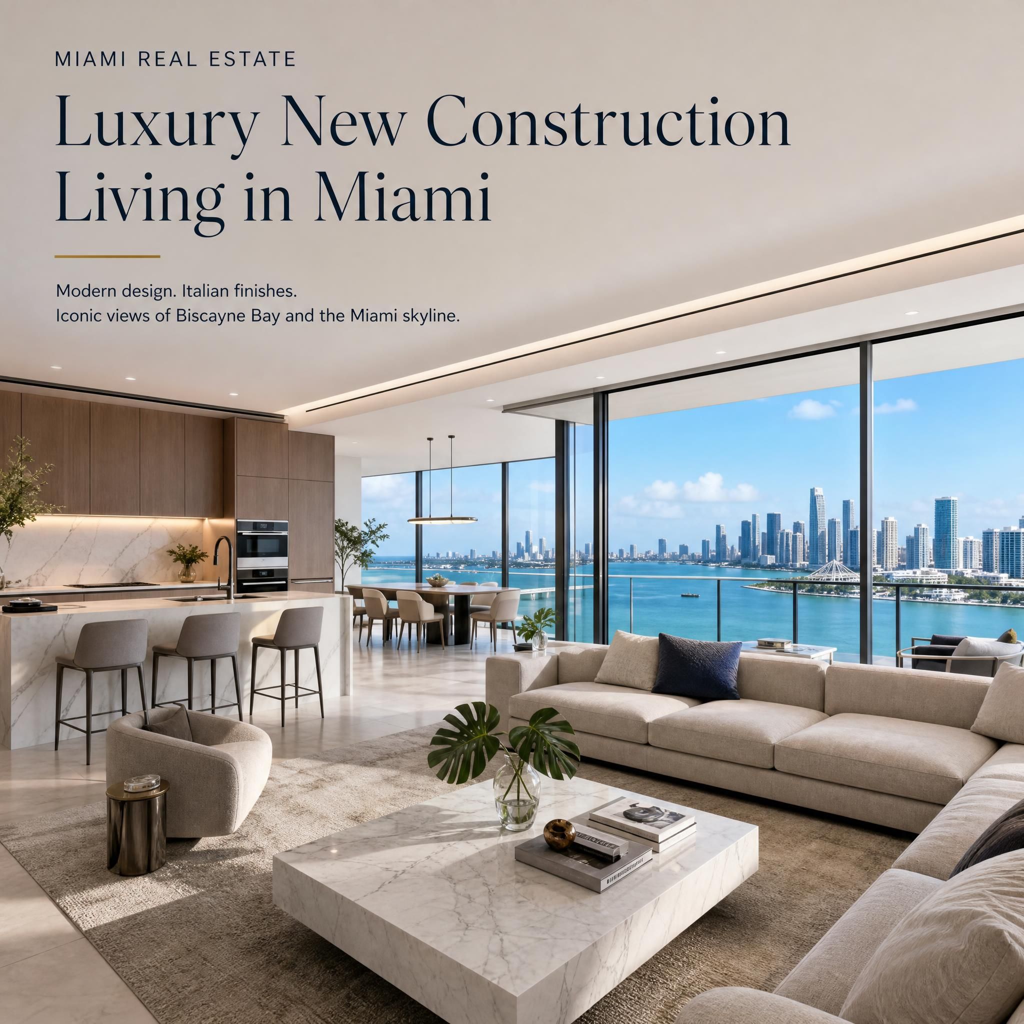 Luxurious interior of a Miami new construction condo with floor-to-ceiling windows, open-plan living space, Italian kitchen finishes, and panoramic views of Biscayne Bay and the Miami skyline