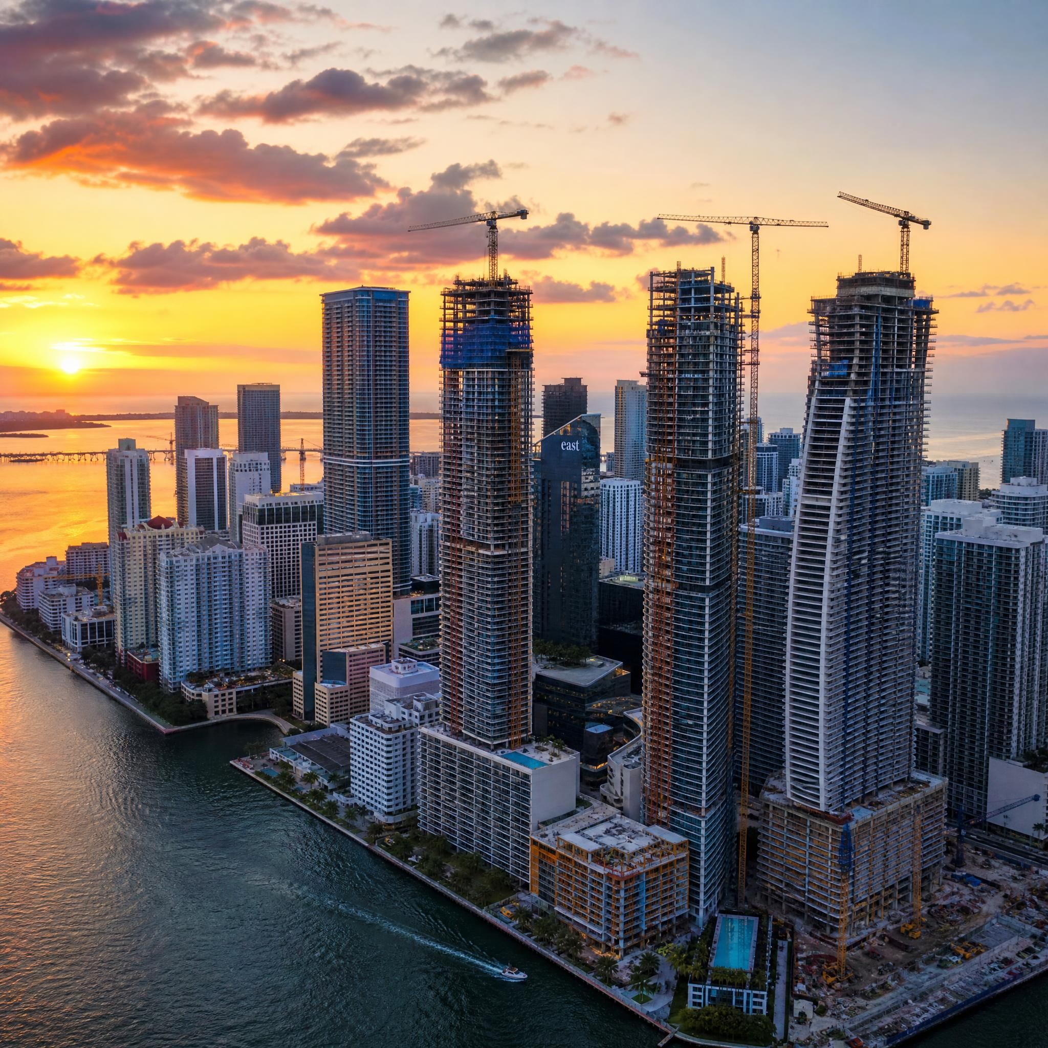 Aerial drone view of Miami's Brickell and Edgewater skyline at sunset, showing luxury high-rise towers under construction along Biscayne Bay