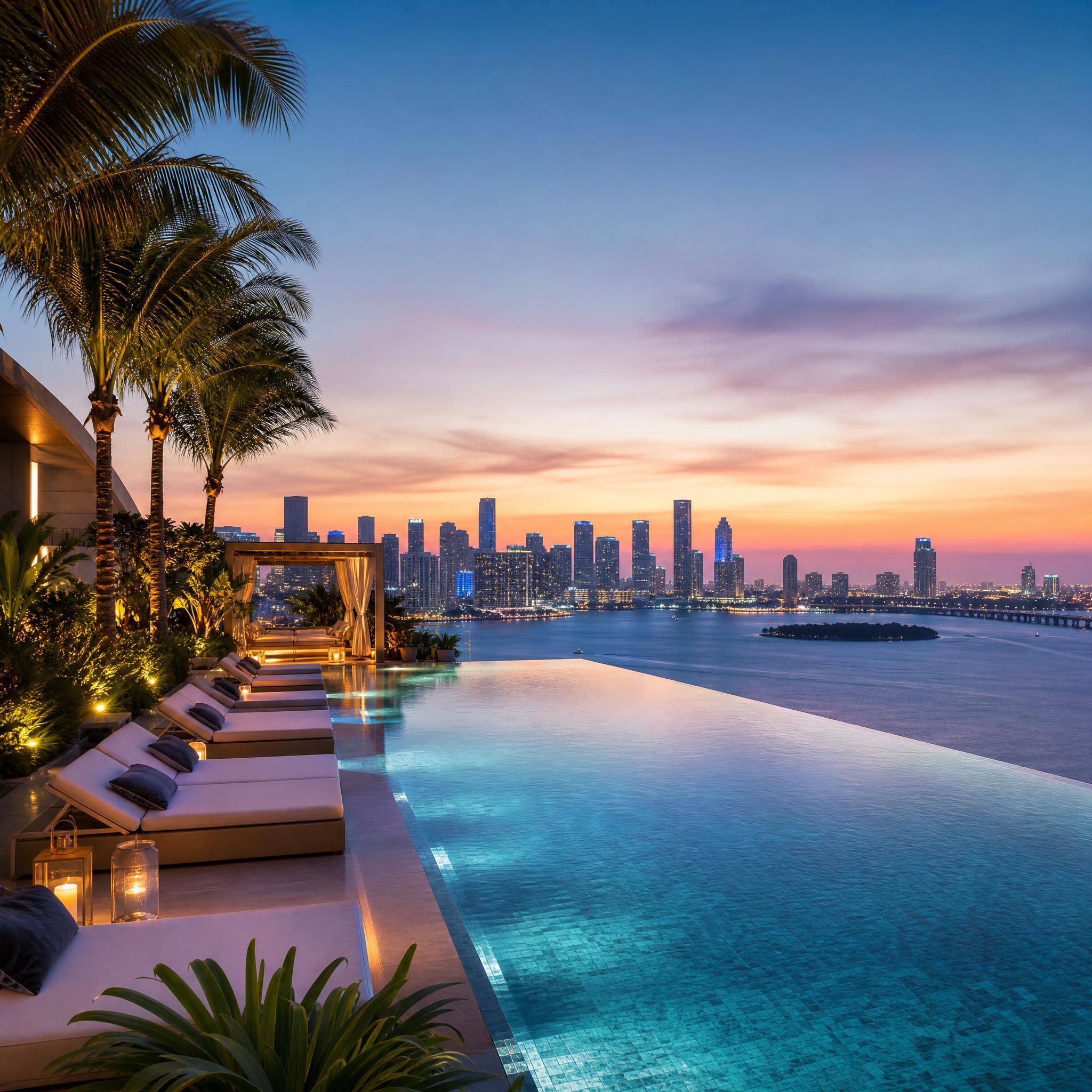 Luxury rooftop pool with infinity edge overlooking Biscayne Bay at dusk, surrounded by lush tropical landscaping with Miami skyline in background