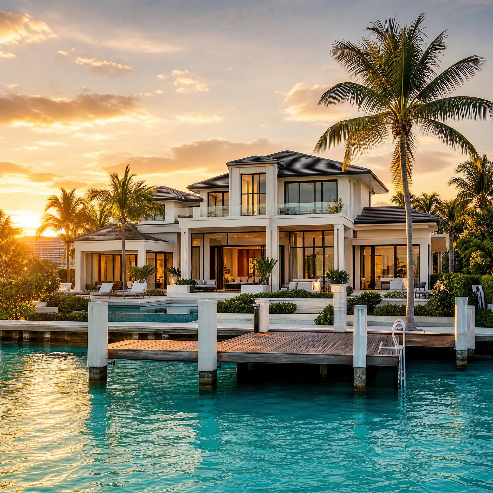 Stunning Miami Beach waterfront mansion with private dock, palm trees, and turquoise water in the foreground at golden hour