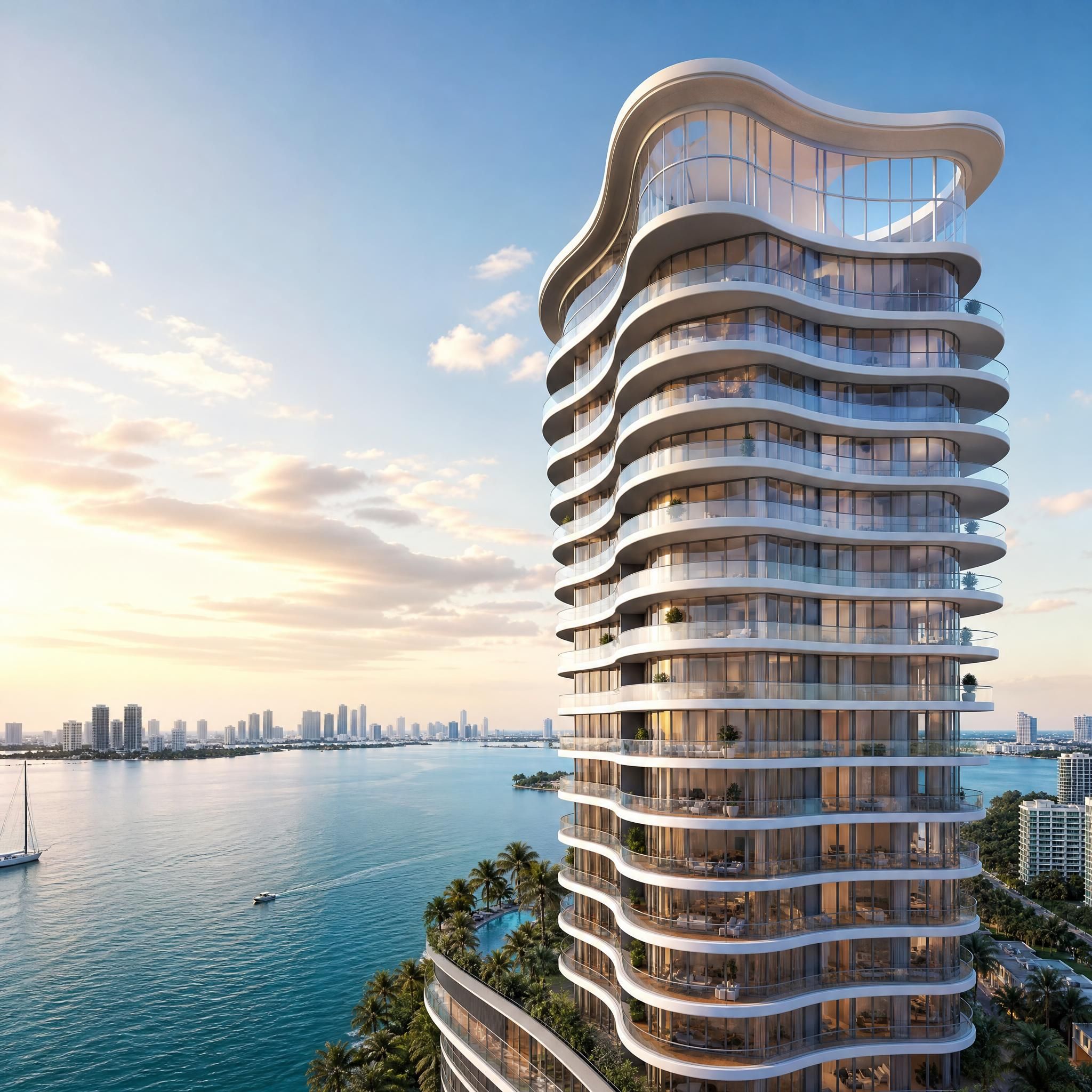Architectural rendering of a sinuous luxury high-rise tower on Miami's Edgewater waterfront with curvilinear balconies and Biscayne Bay views