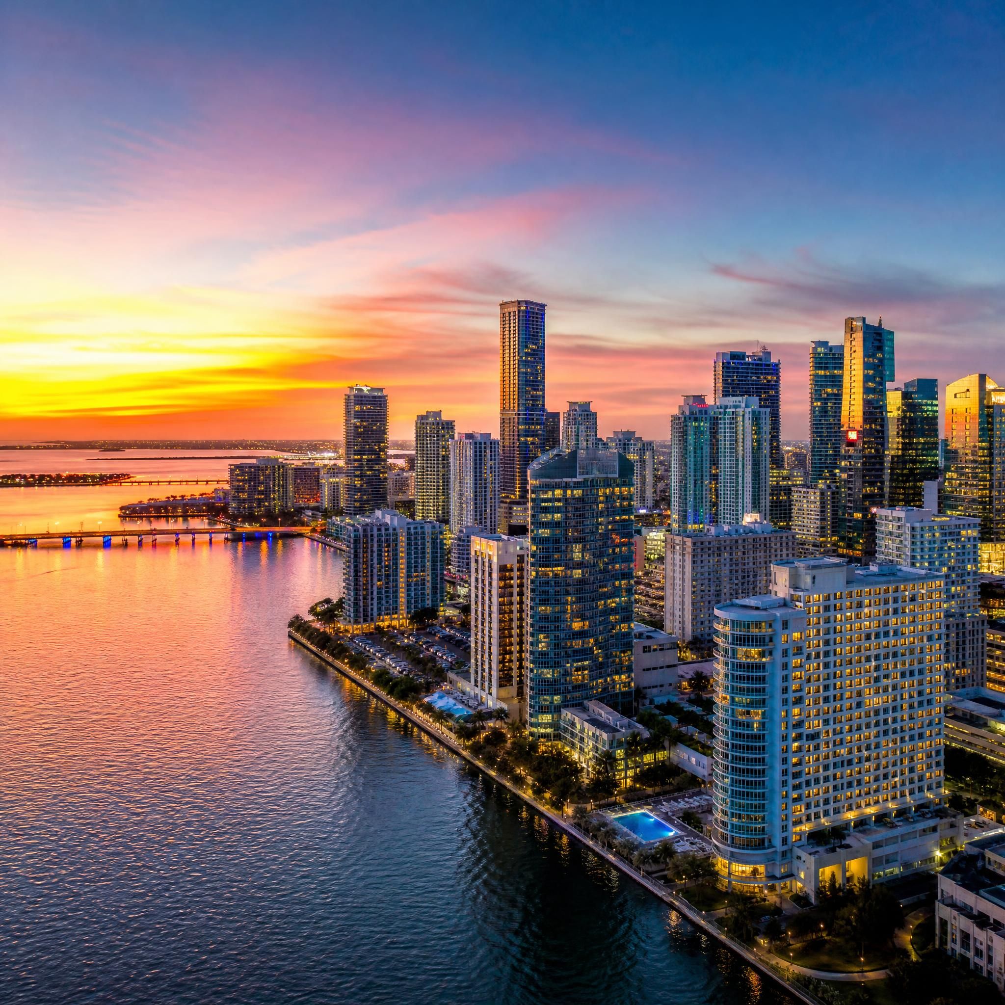 Aerial drone view of Miami's glittering skyline at sunset with Biscayne Bay and luxury high-rise towers reflecting in the water
