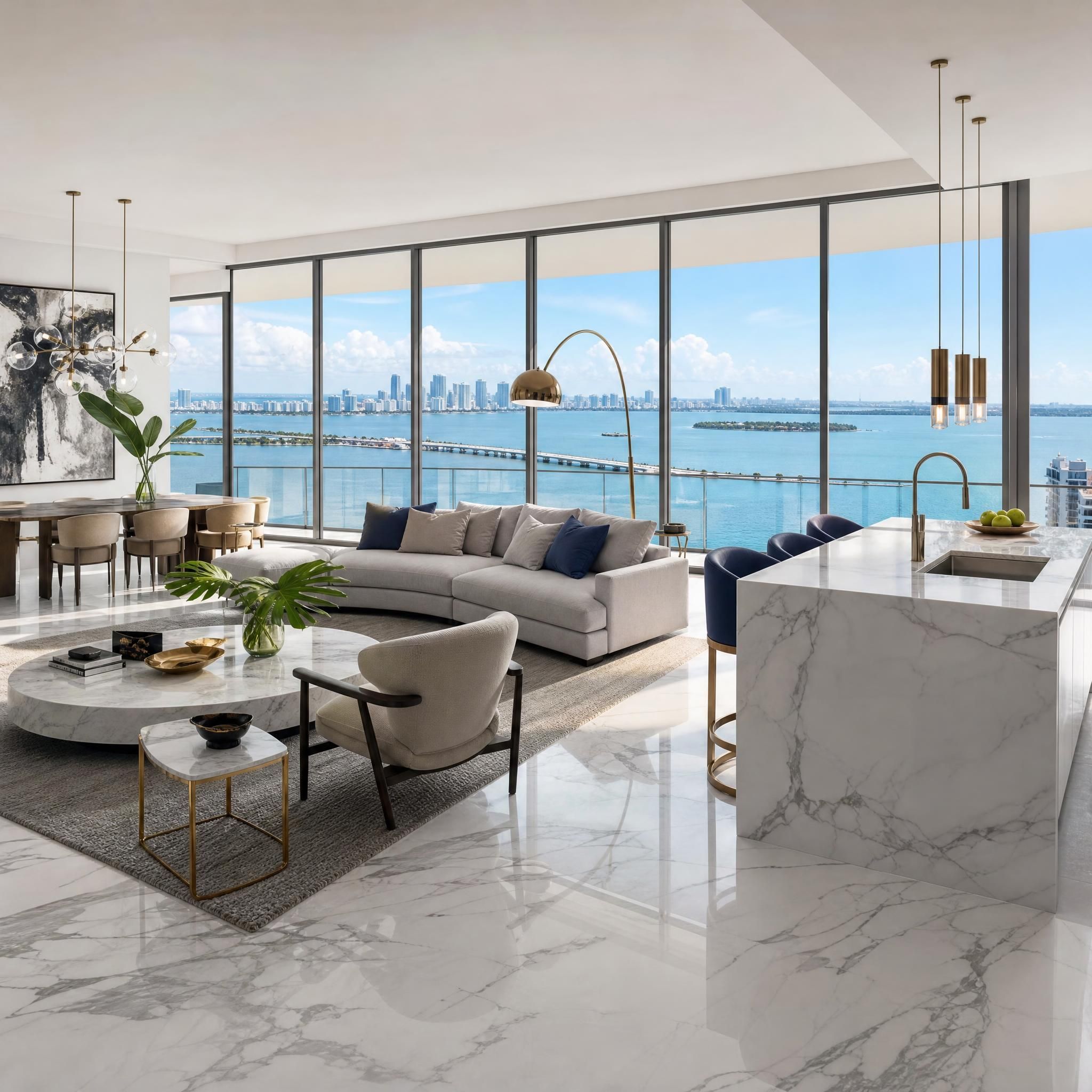Luxury condo interior with floor-to-ceiling windows overlooking Biscayne Bay, featuring open-plan living area with Italian marble finishes and designer furnishings