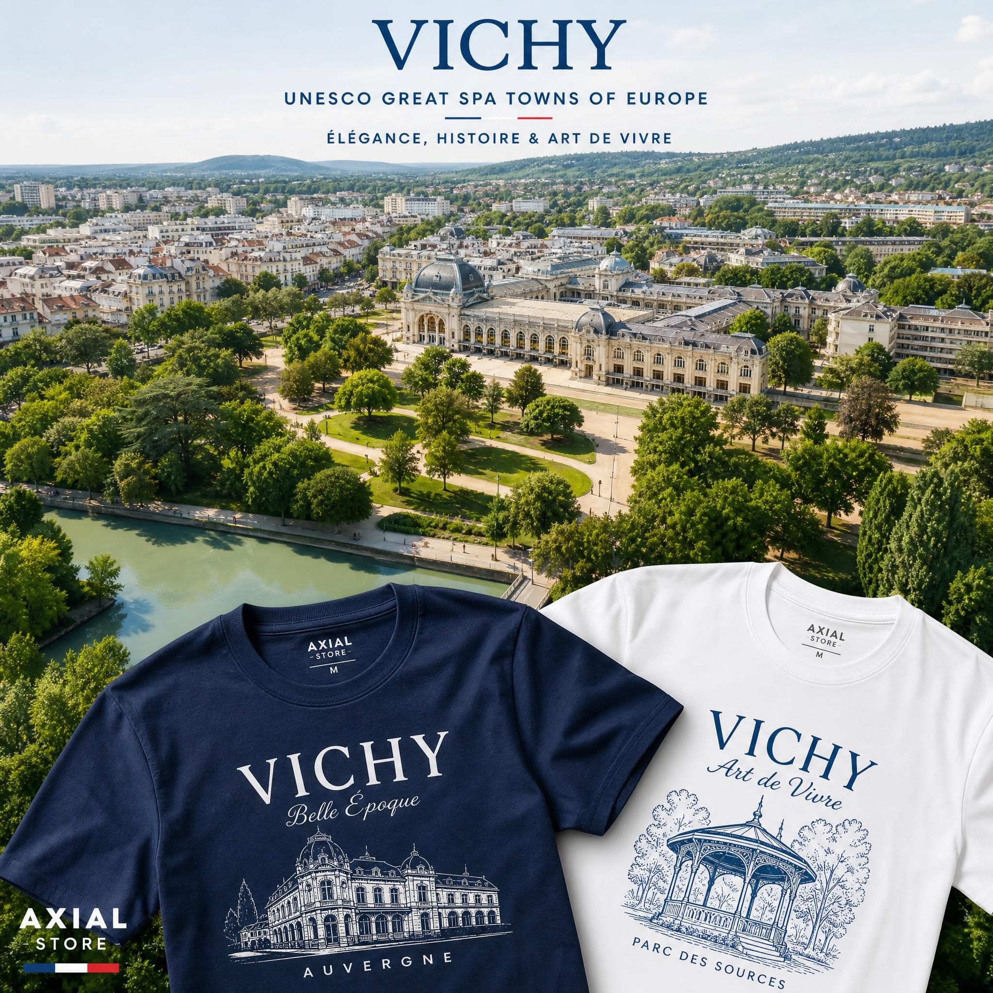 Vue aérienne du Parc des Sources de Vichy avec l'architecture Belle Époque, ville classée UNESCO Great Spa Towns of Europe, t-shirts Axial Store en premier plan