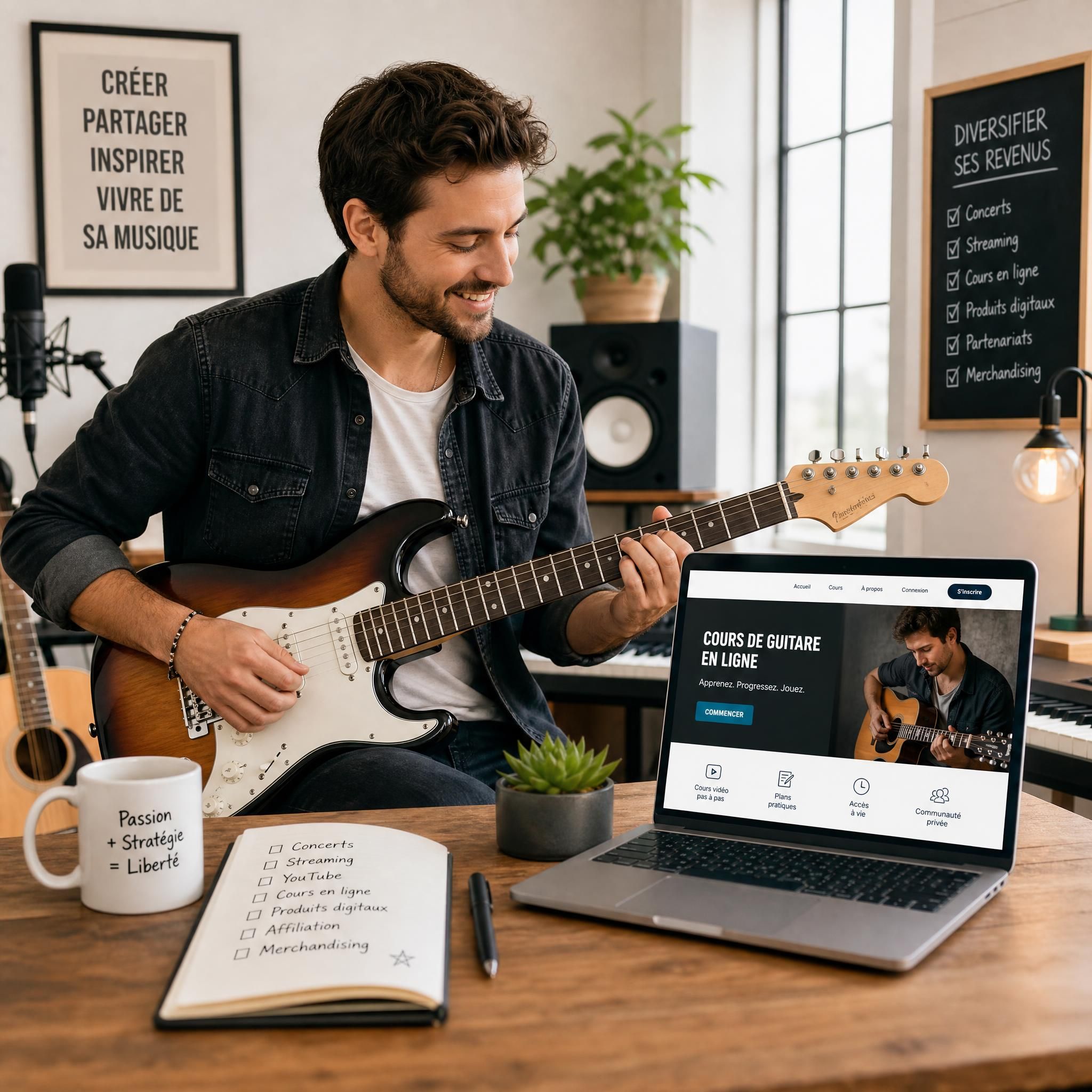Musicien professionnel jouant de la guitare dans un studio lumineux, entouré d'instruments et d'un ordinateur ouvert sur une plateforme de cours en ligne — illustration de la diversification des revenus d'un musicien