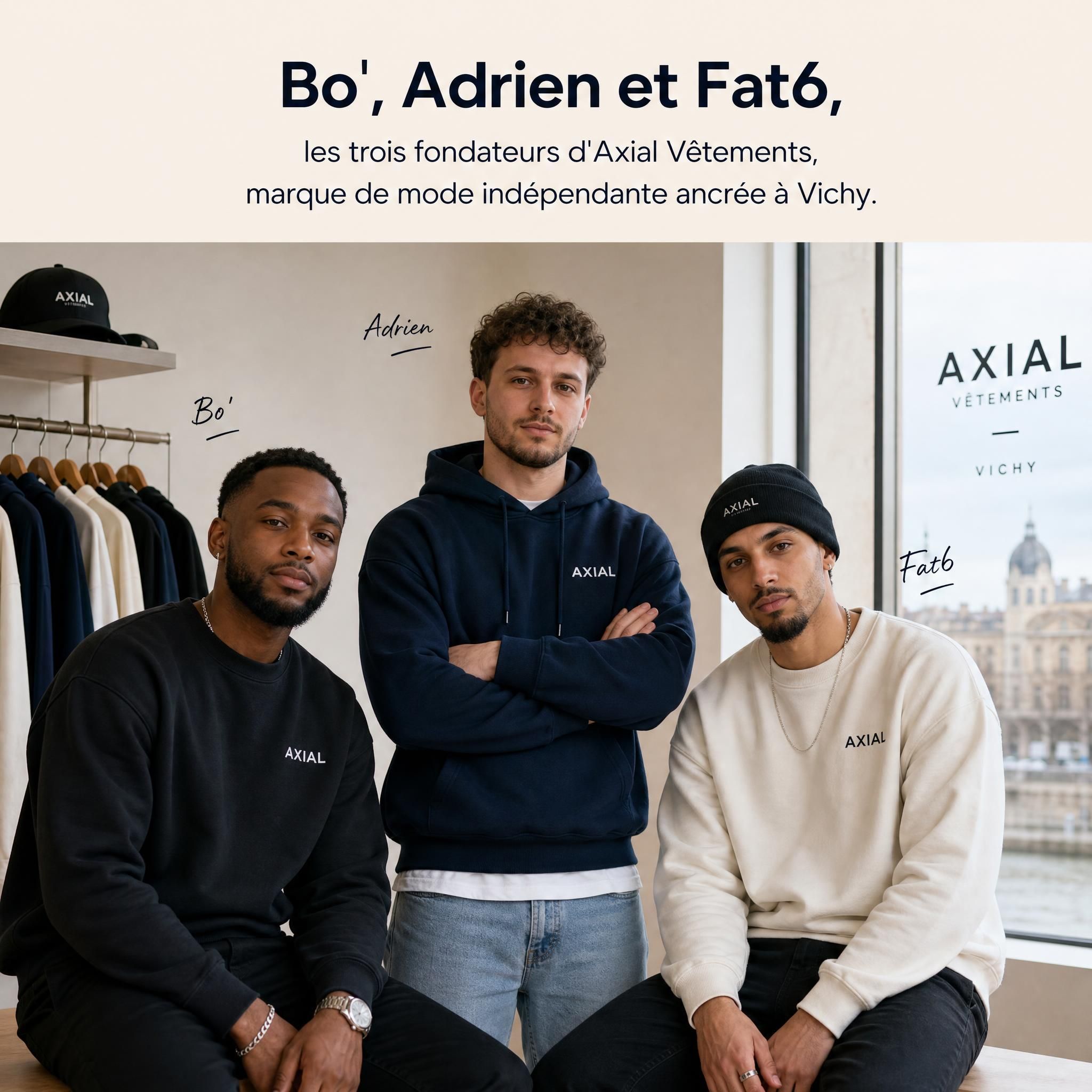 Bo', Adrien et Fat6, les trois fondateurs d'Axial Vêtements, marque de mode indépendante ancrée à Vichy