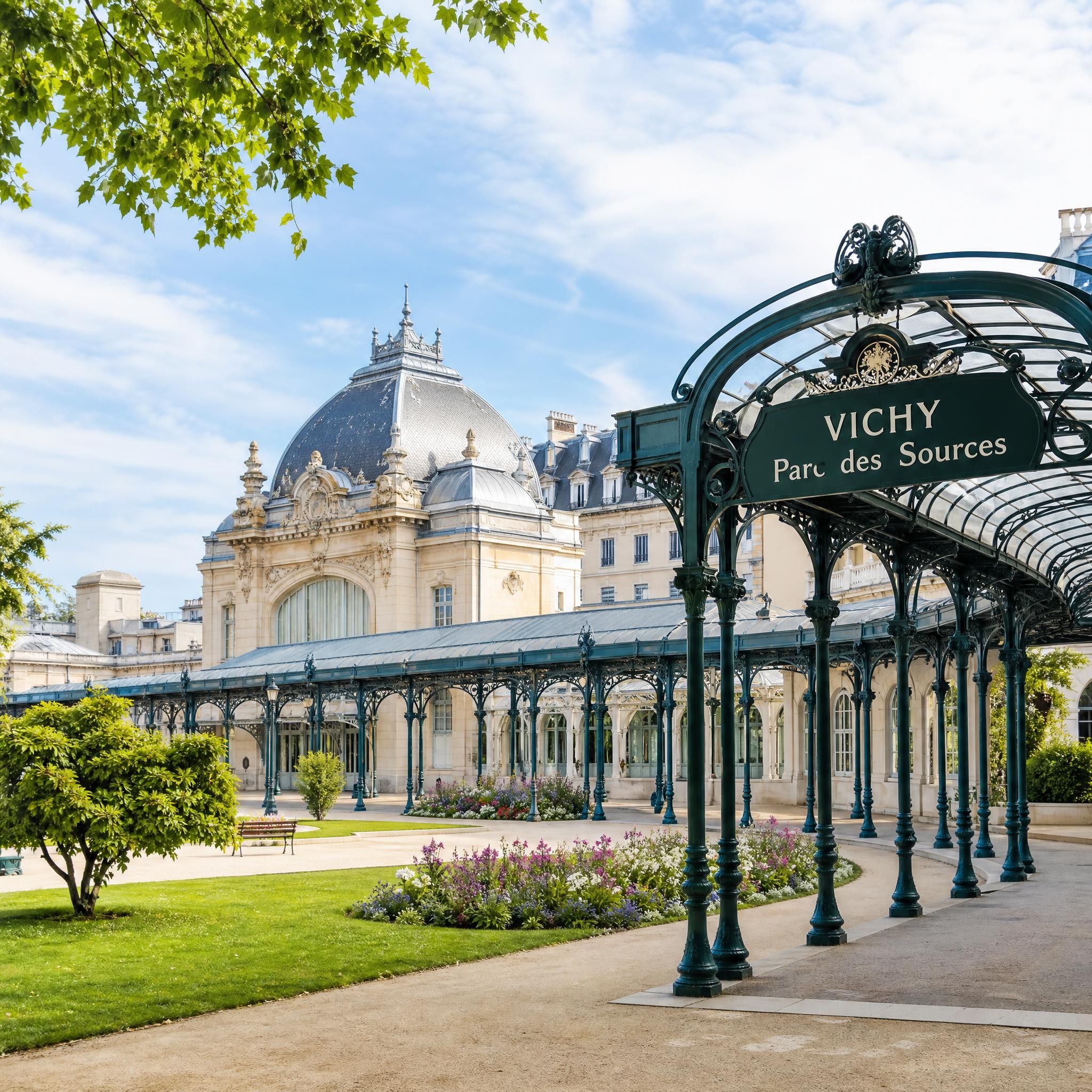 Vue panoramique du Parc des Sources de Vichy avec ses galeries Art Nouveau en fer forgé, architecture Belle Époque, cité thermale UNESCO