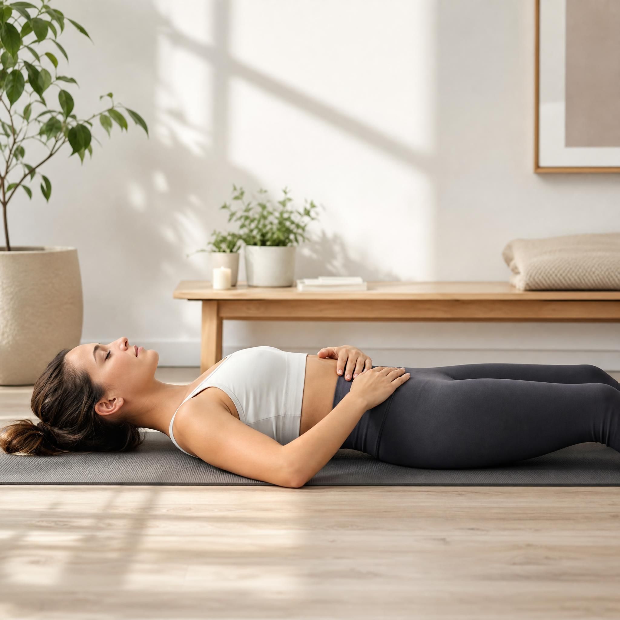 femme allongée sur un tapis de yoga dans une pièce lumineuse et épurée, pratiquant un scan corporel, mains posées sur le ventre, expression détendue et intérieure