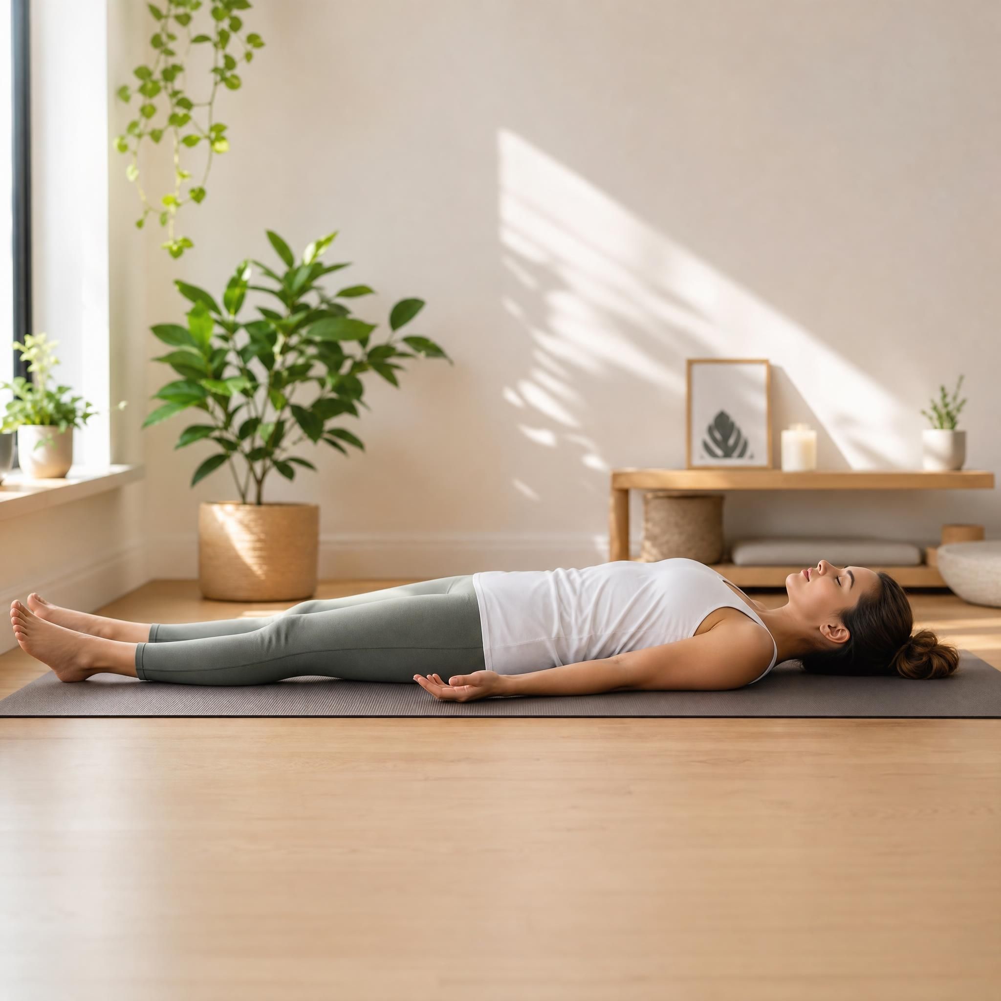 Femme allongée sur un tapis de yoga dans une pièce lumineuse et apaisante, yeux fermés, bras le long du corps, en train de pratiquer un scan corporel, lumière naturelle douce