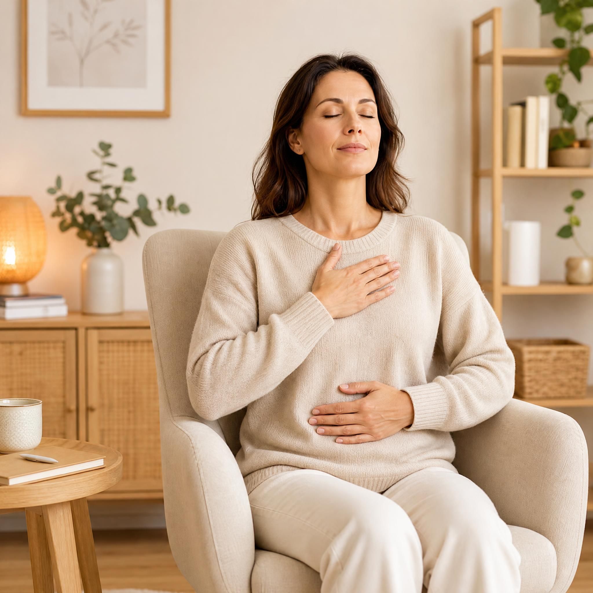 Femme d'environ 40 ans, yeux fermés, visage serein, assise dans un fauteuil confortable, pratiquant un exercice de respiration profonde dans un espace chaleureux aux tons beige et bois clair
