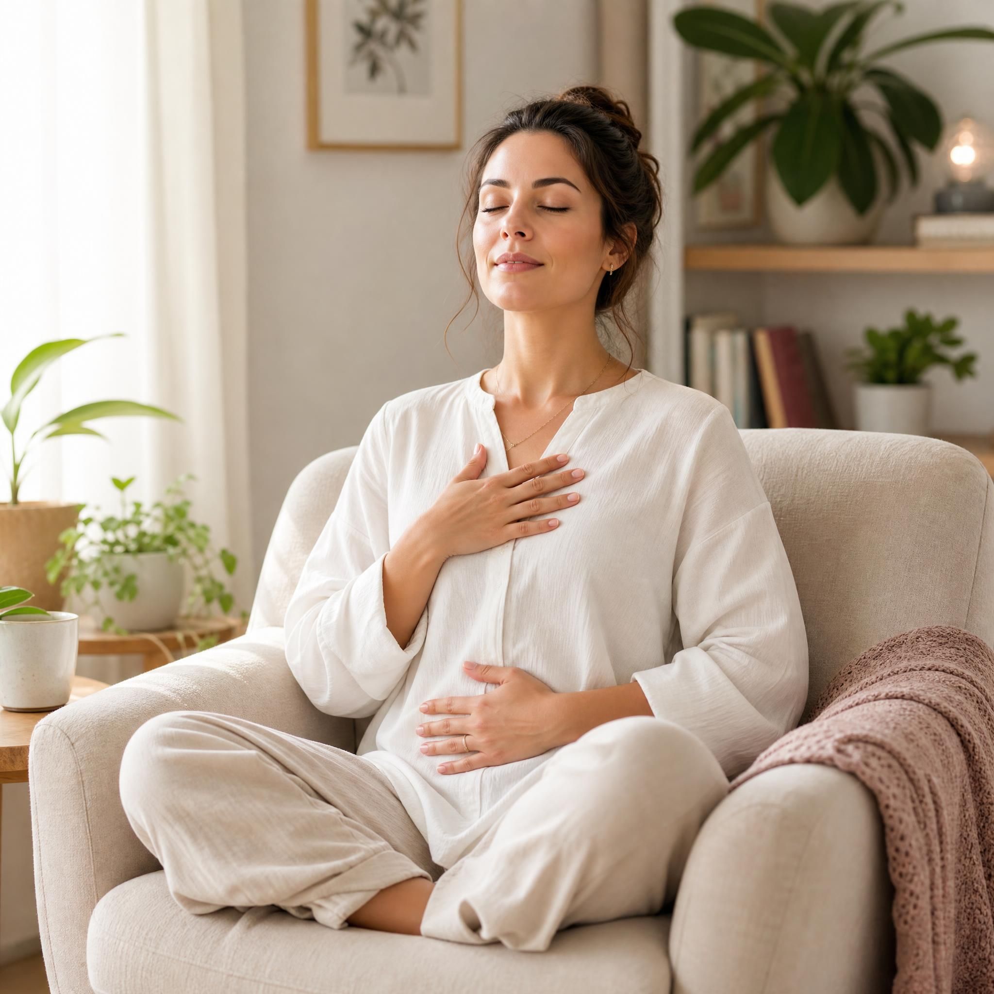 femme pratiquant un exercice de respiration profonde, assise dans un fauteuil confortable, yeux fermés, visage serein, lumière naturelle douce, ambiance bien-être intérieur