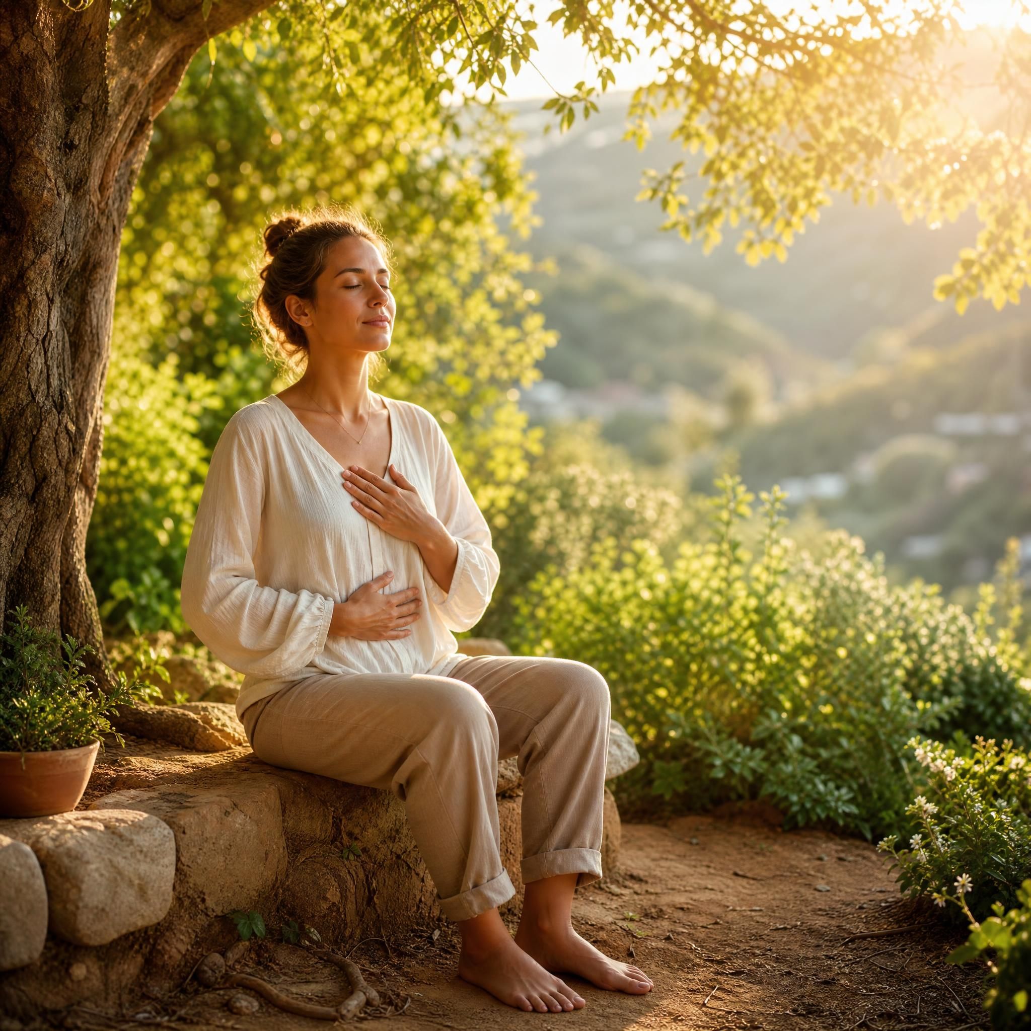femme assise les yeux fermés dans un espace naturel lumineux, pieds ancrés dans la terre, posture sereine et stable, lumière dorée, ambiance de pleine conscience et de ressourcement