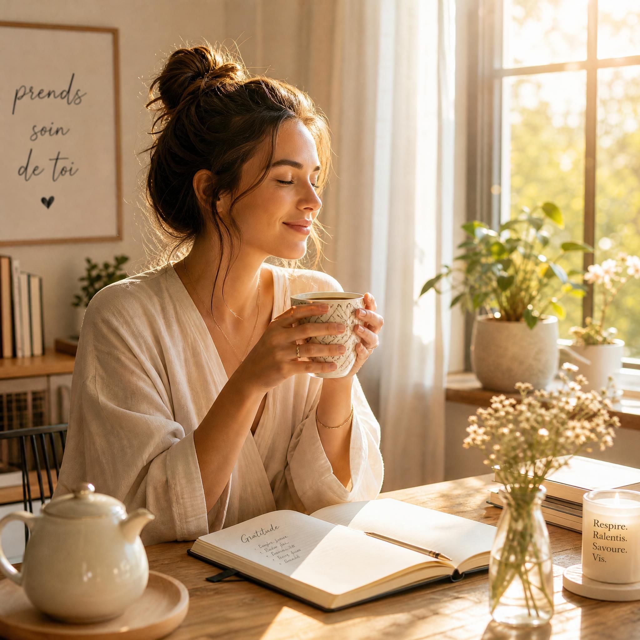 Femme assise à une table lumineuse le matin avec une tasse de thé, carnet ouvert devant elle, sourire serein, lumière dorée du matin filtrant par une fenêtre — ambiance rituel bien-être quotidien