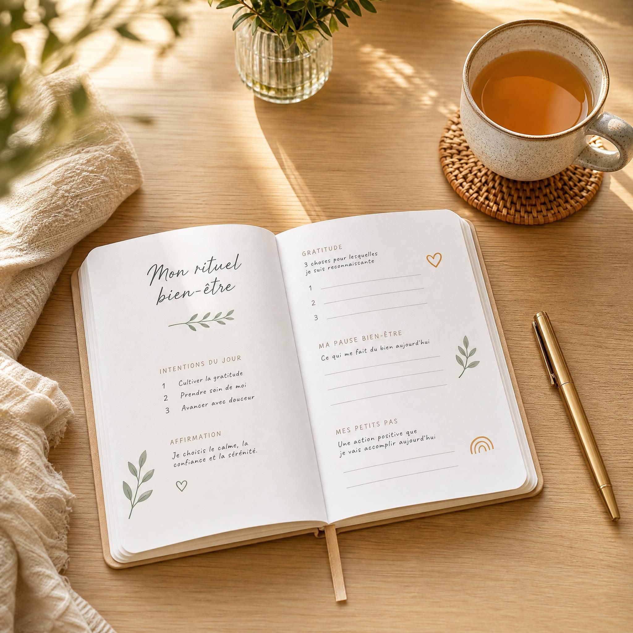journal de bien-être ouvert sur une table en bois clair, stylo posé à côté, tasse de tisane, lumière dorée du matin, ambiance rituel matinal apaisant