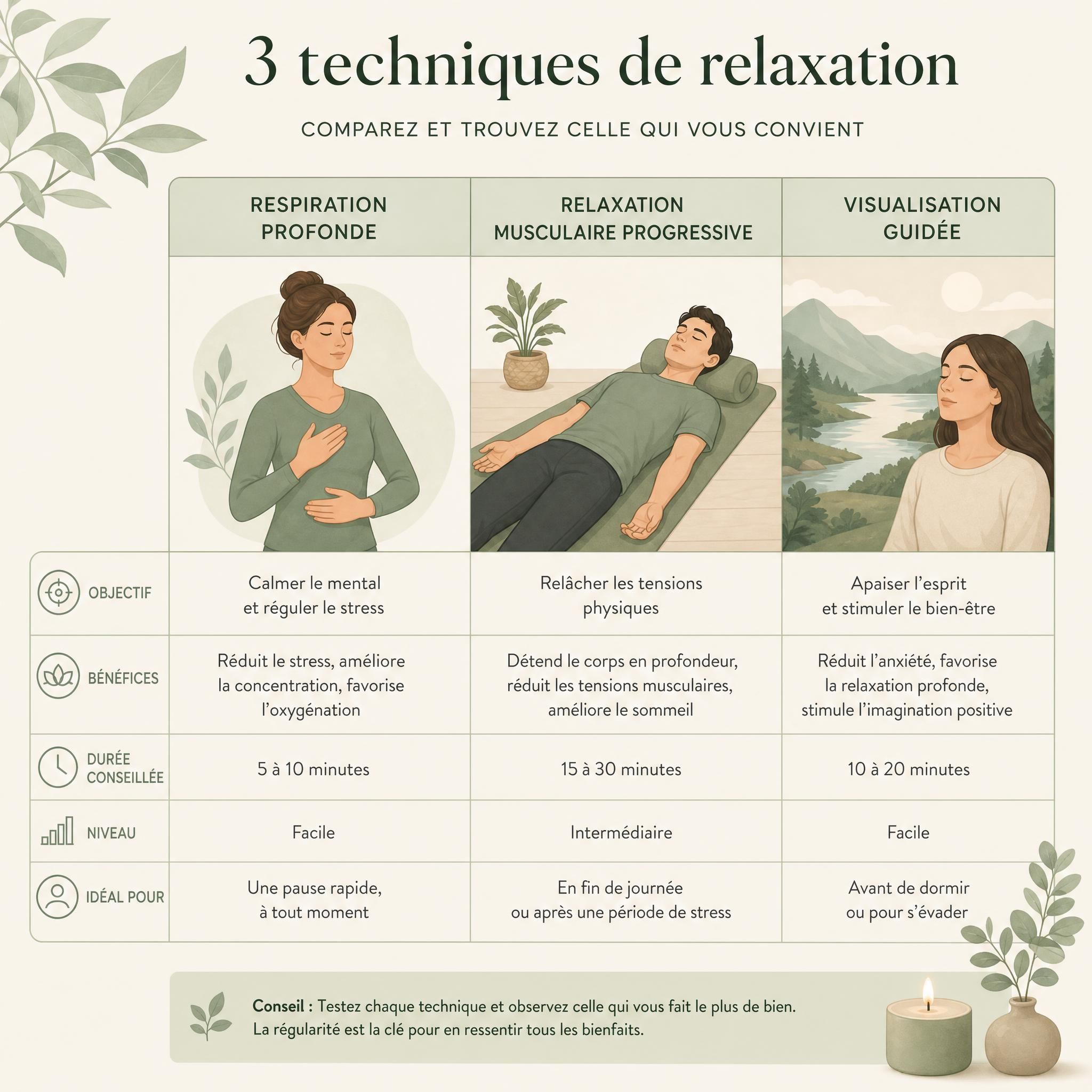 tableau comparatif illustré des trois techniques de relaxation, ambiance graphique épurée et douce, tons beige et vert sauge