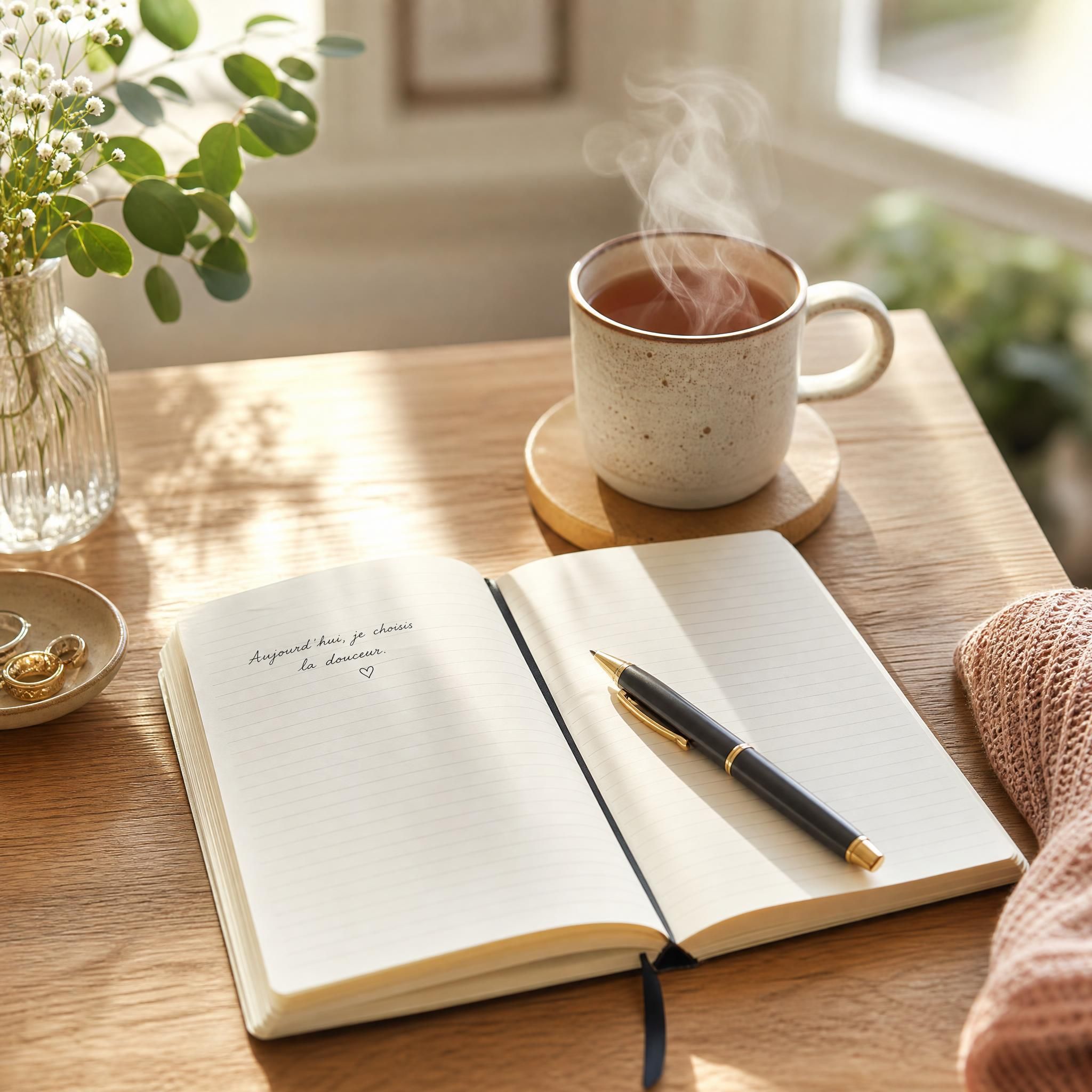 carnet ouvert avec stylo posé dessus, tasse de thé fumante à côté, lumière matinale douce sur une table en bois, atmosphère de rituel quotidien et de bienveillance envers soi
