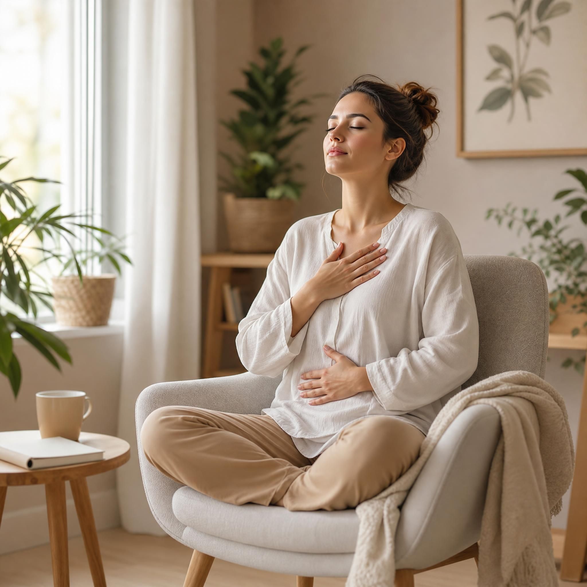 femme pratiquant un exercice de respiration profonde assise dans un fauteuil confortable, lumière naturelle douce, ambiance apaisante et chaleureuse