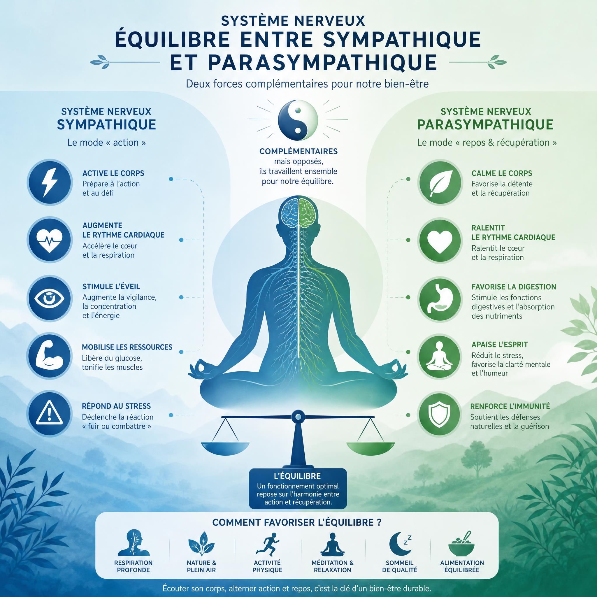 Illustration représentant le système nerveux parasympathique et sympathique en équilibre, avec des tons apaisants bleu et vert, style infographie bien-être