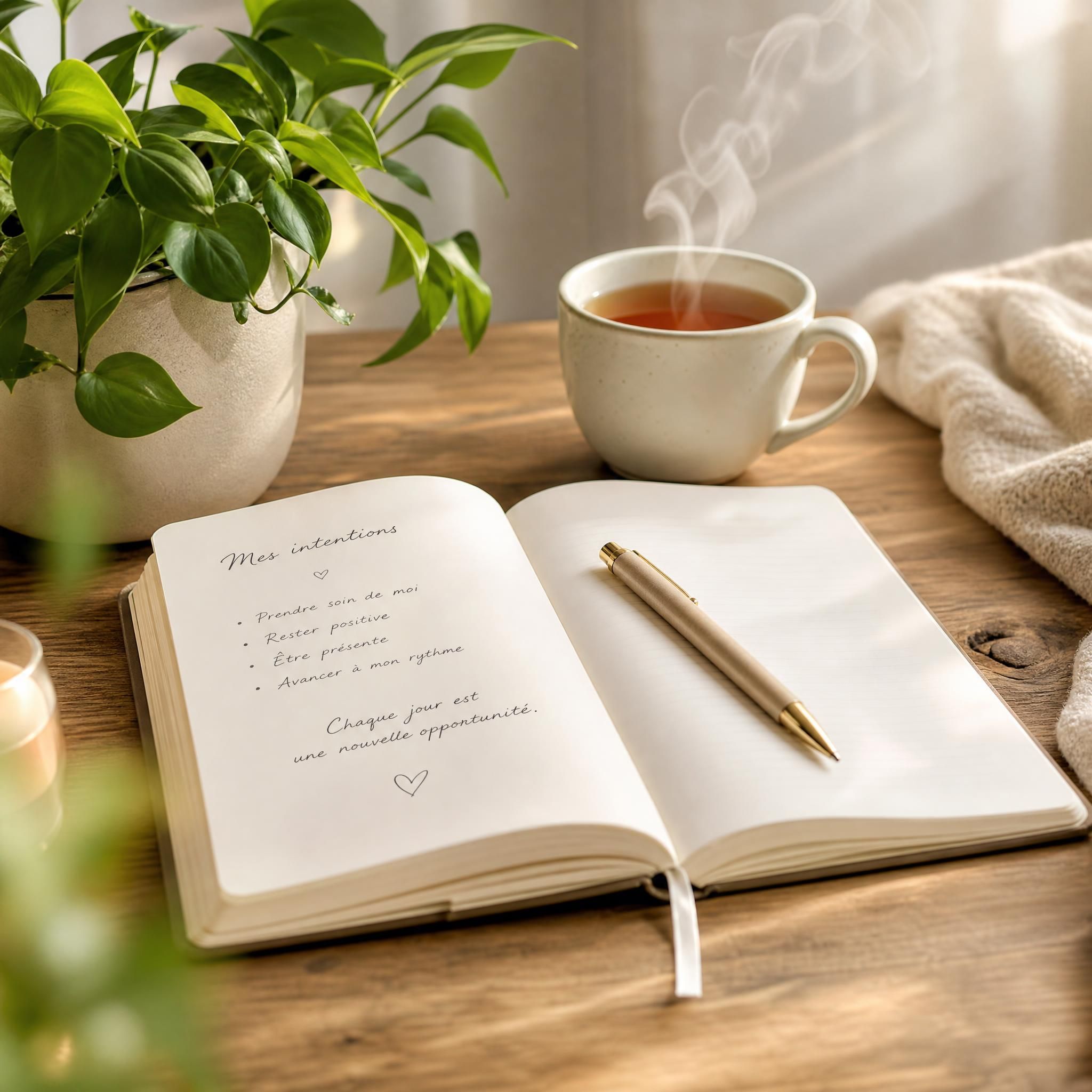 Carnet de notes ouvert avec un stylo, tasse de thé fumante et plante verte sur une table en bois — ambiance douce et rituel matinal de bien-être