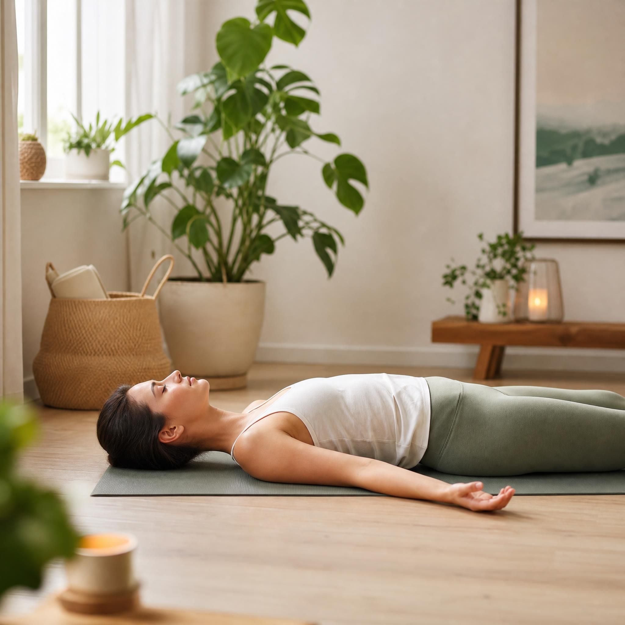 femme allongée sur un tapis de yoga dans une pièce lumineuse et apaisante, yeux fermés, position de relaxation profonde, plante verte en arrière-plan, tons naturels doux