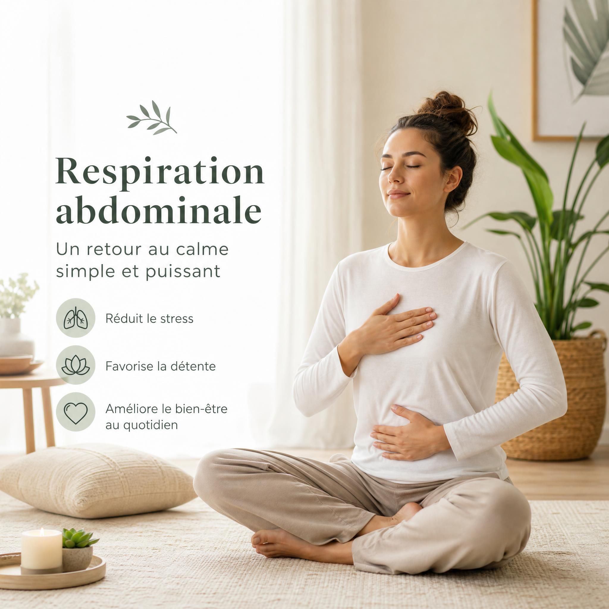 Illustration douce et apaisante d'une femme pratiquant la respiration abdominale, une main sur le ventre, yeux fermés, dans un espace lumineux et serein — format horizontal pour article de blog