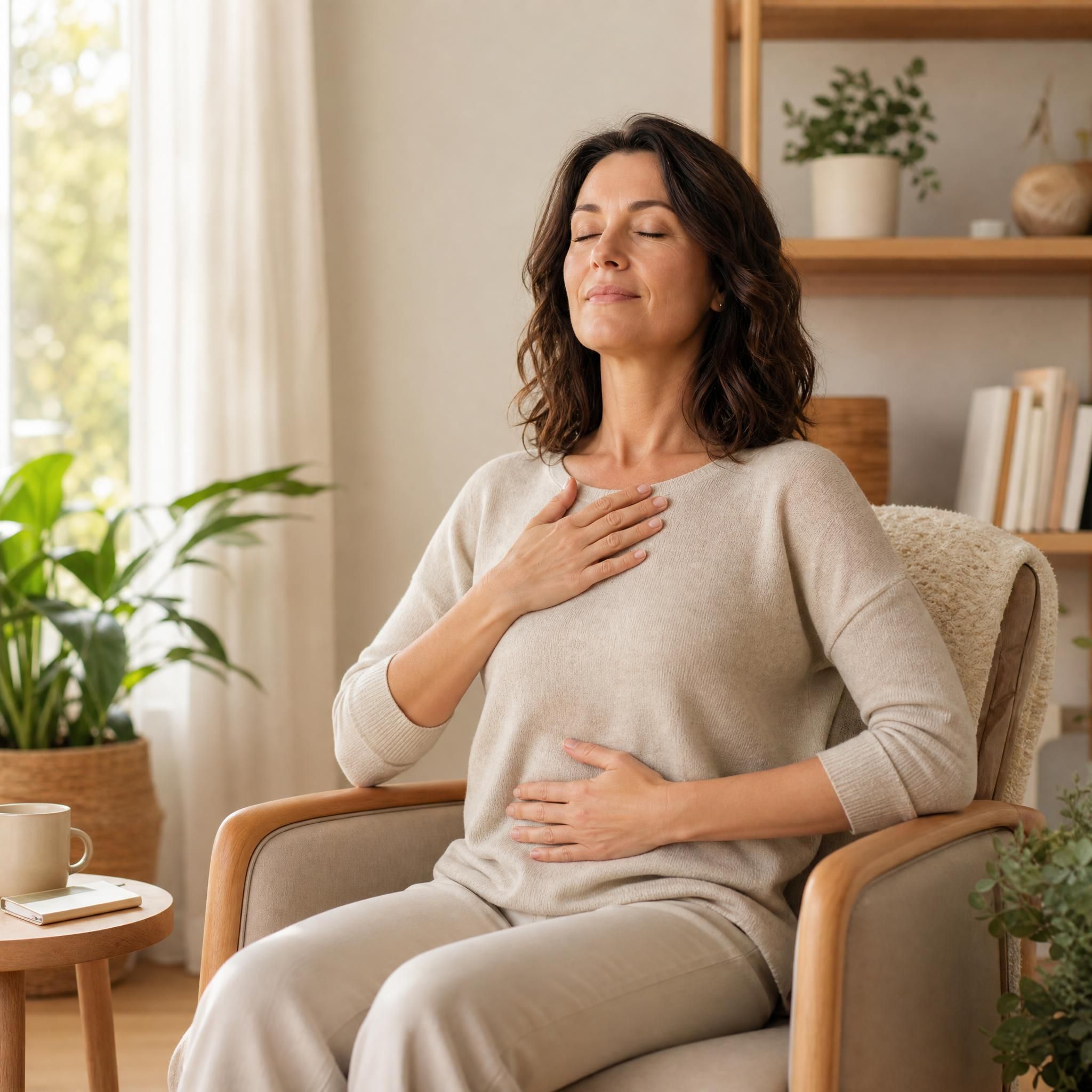Femme d'environ 40 ans, yeux fermés, visage serein et détendu, assise dans un fauteuil chaleureux, pratiquant un exercice de respiration profonde, lumière naturelle douce, tons beige et bois clair