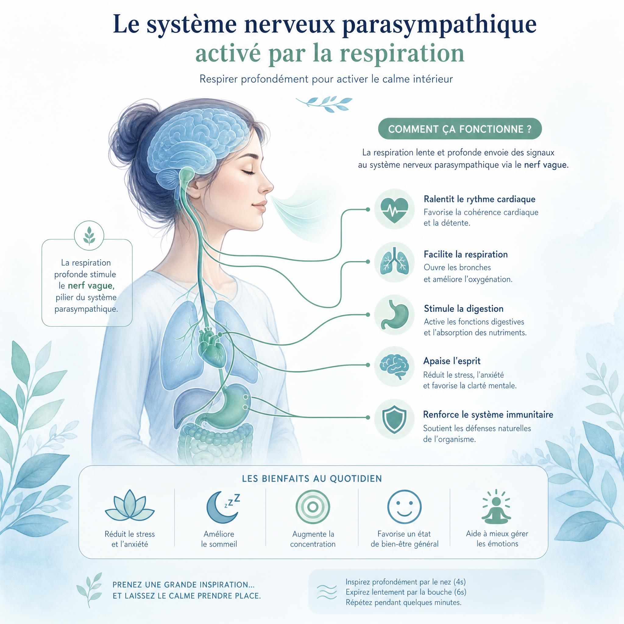 illustration douce représentant le système nerveux parasympathique activé par la respiration, tons bleus et verts apaisants, style infographique élégant
