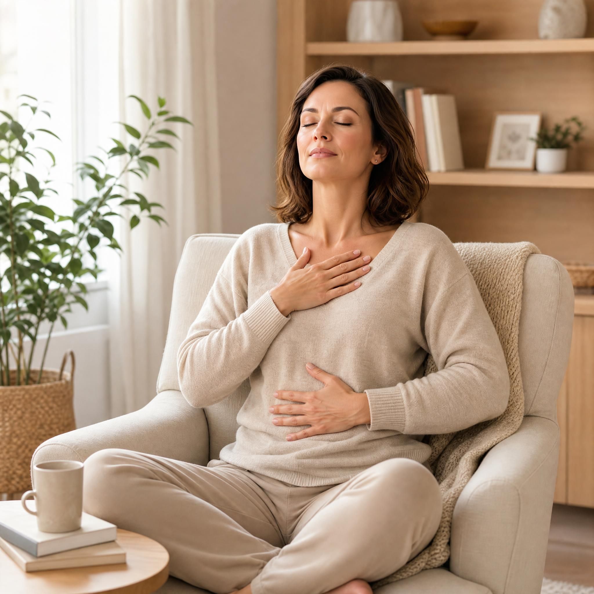 femme d'environ 40 ans pratiquant un exercice de respiration profonde, assise dans un fauteuil confortable, yeux fermés, expression sereine, lumière naturelle douce, tons beige et bois clair