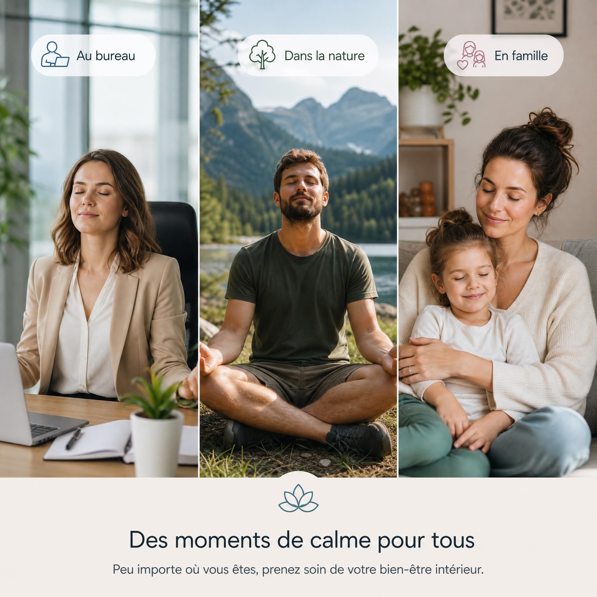 Trois personnes différentes dans des moments de calme intérieur — une femme au bureau, un homme dans la nature, une mère avec son enfant — illustrant la diversité des pratiquants d'exercices de relaxation