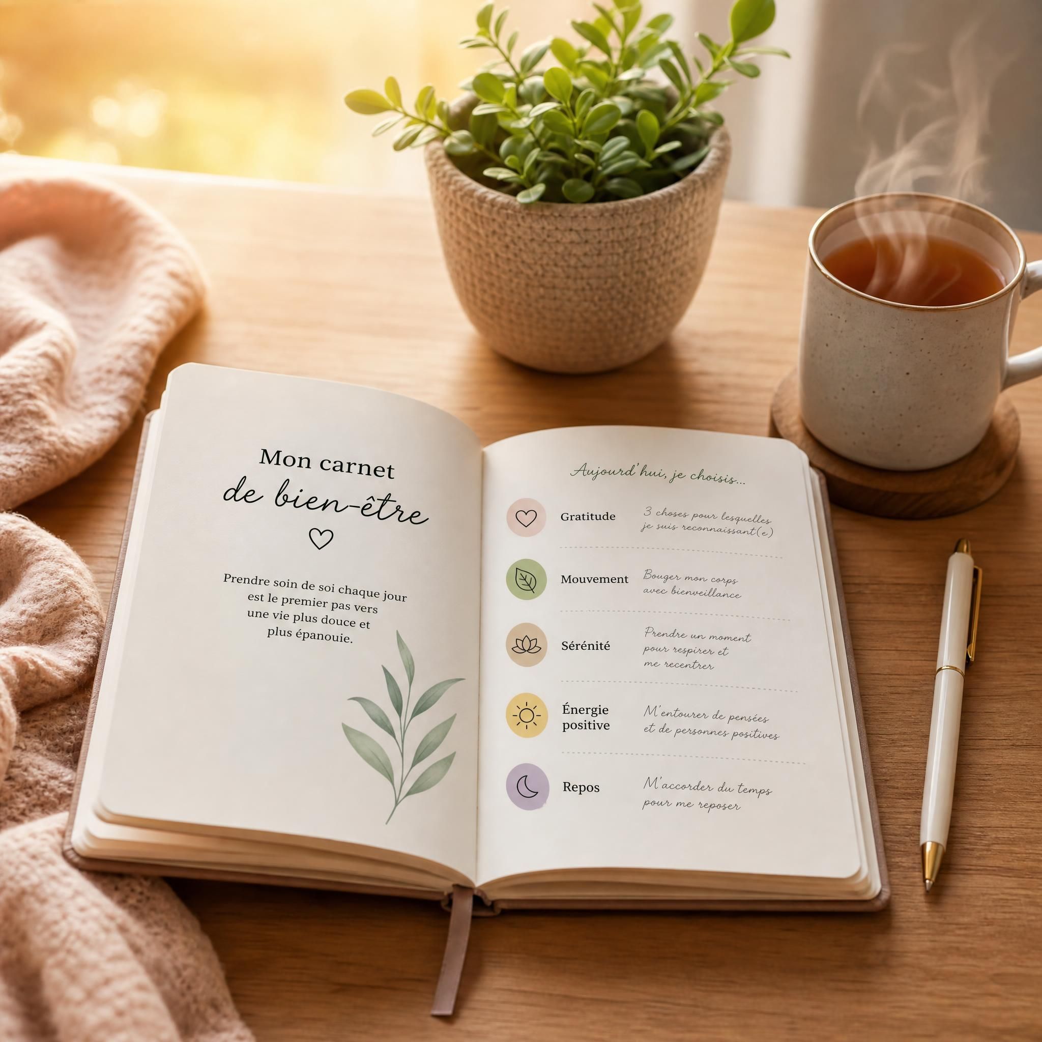 carnet de bien-être ouvert sur une table en bois avec un stylo, une tasse de thé fumante et une petite plante, lumière dorée du matin, ambiance cosy et apaisante