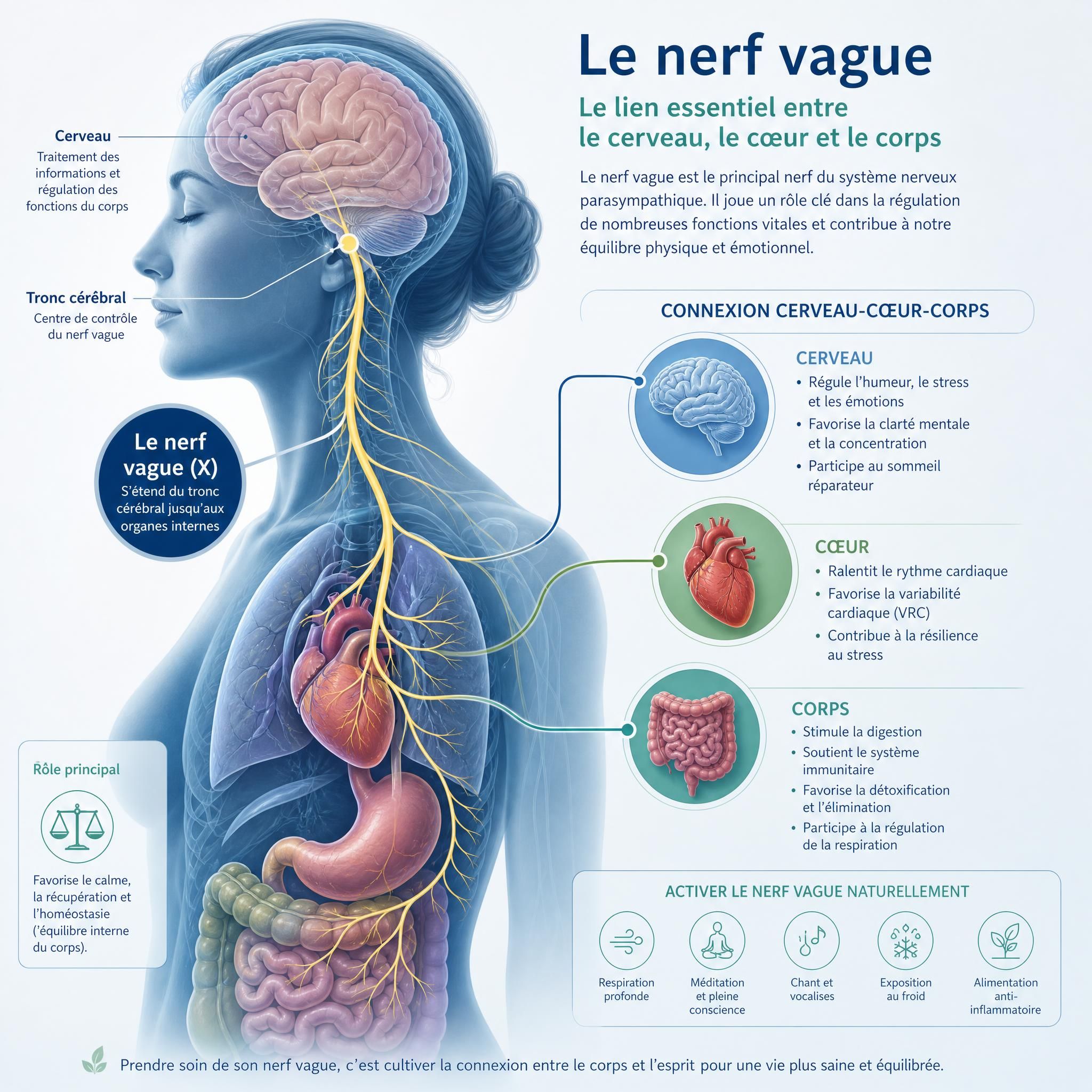 illustration scientifique du système nerveux autonome montrant le nerf vague et la connexion cerveau-cœur-corps, tons bleus et verts apaisants