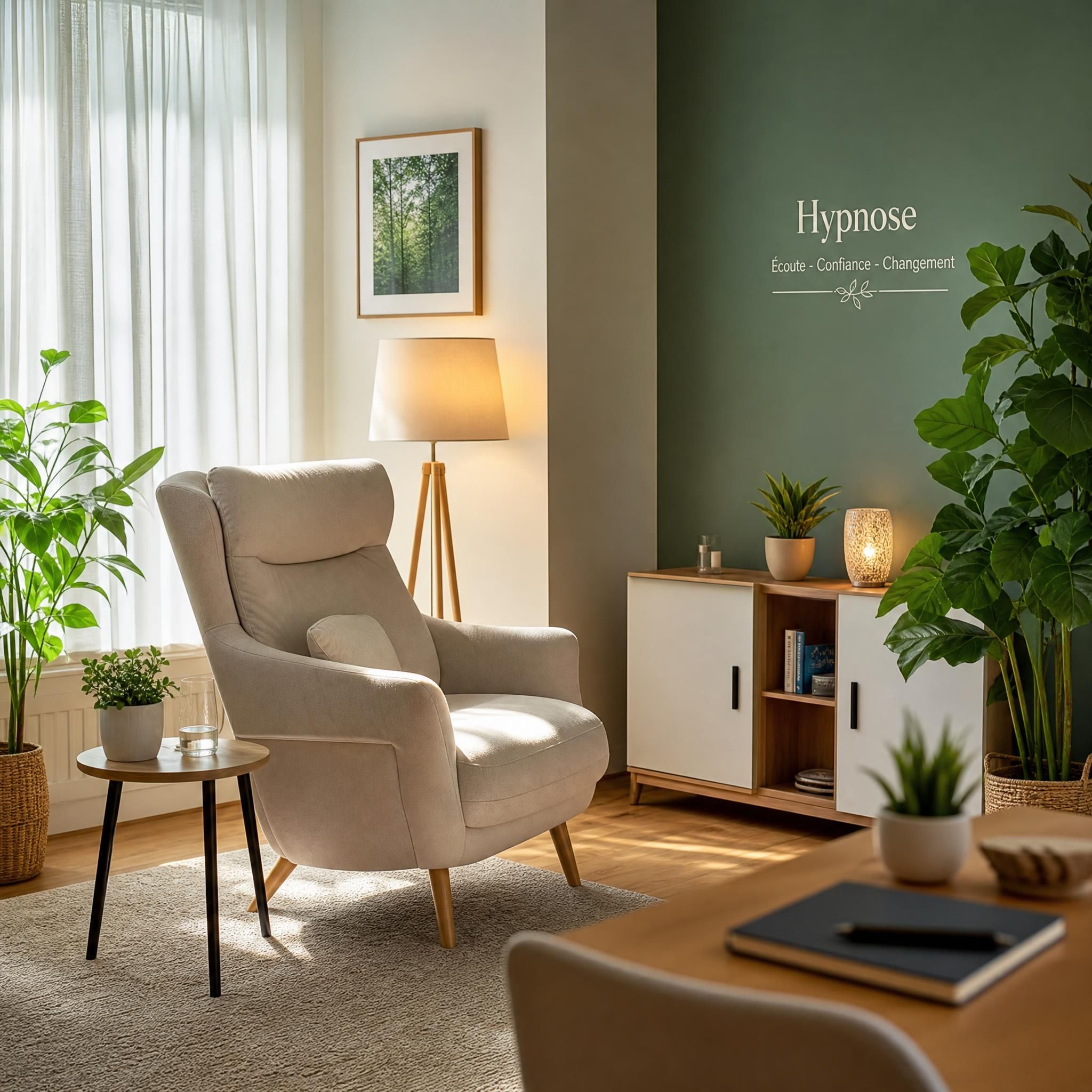 Vue d'un cabinet d'hypnose moderne et chaleureux, fauteuil confortable, plantes vertes, lumière naturelle douce, atmosphère apaisante et bienveillante, sans personne visible