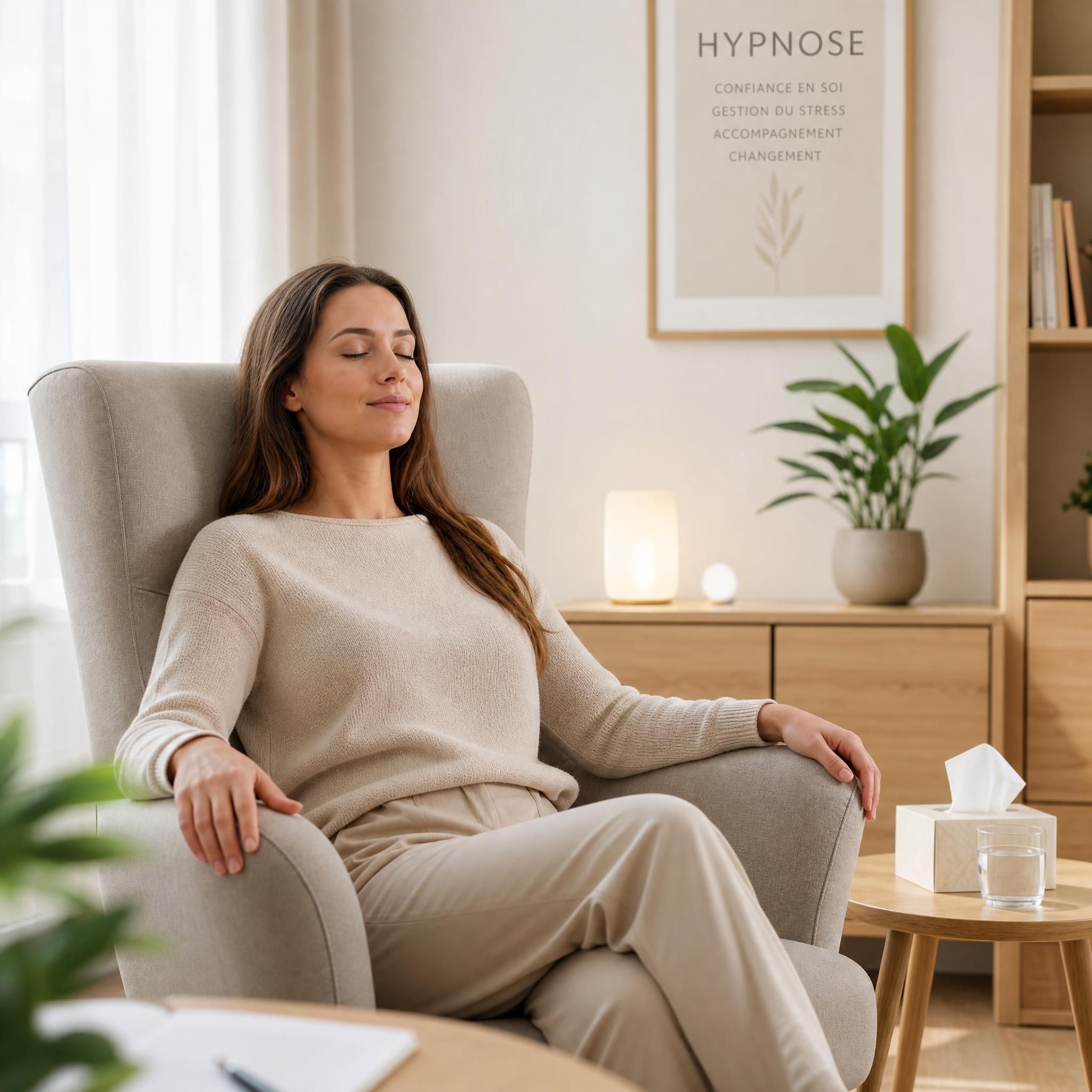 Femme assise dans un fauteuil confortable, épaules relâchées, yeux fermés, expression apaisée, lumière naturelle douce dans un cabinet d'hypnose moderne aux tons beige et bois clair