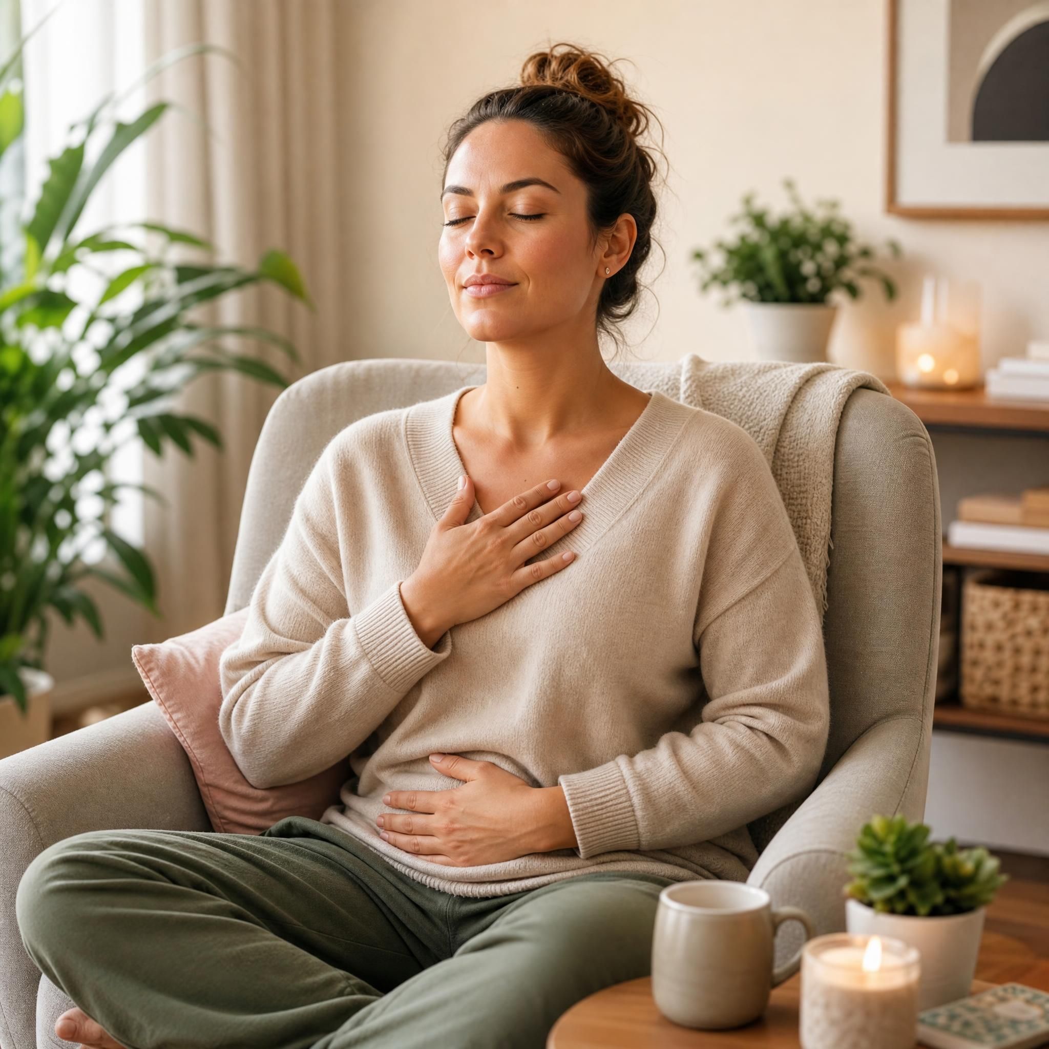 Femme pratiquant un exercice de respiration et d'ancrage corporel chez elle, assise dans un fauteuil confortable, main posée sur le cœur, expression sereine et concentrée, lumière douce d'intérieur