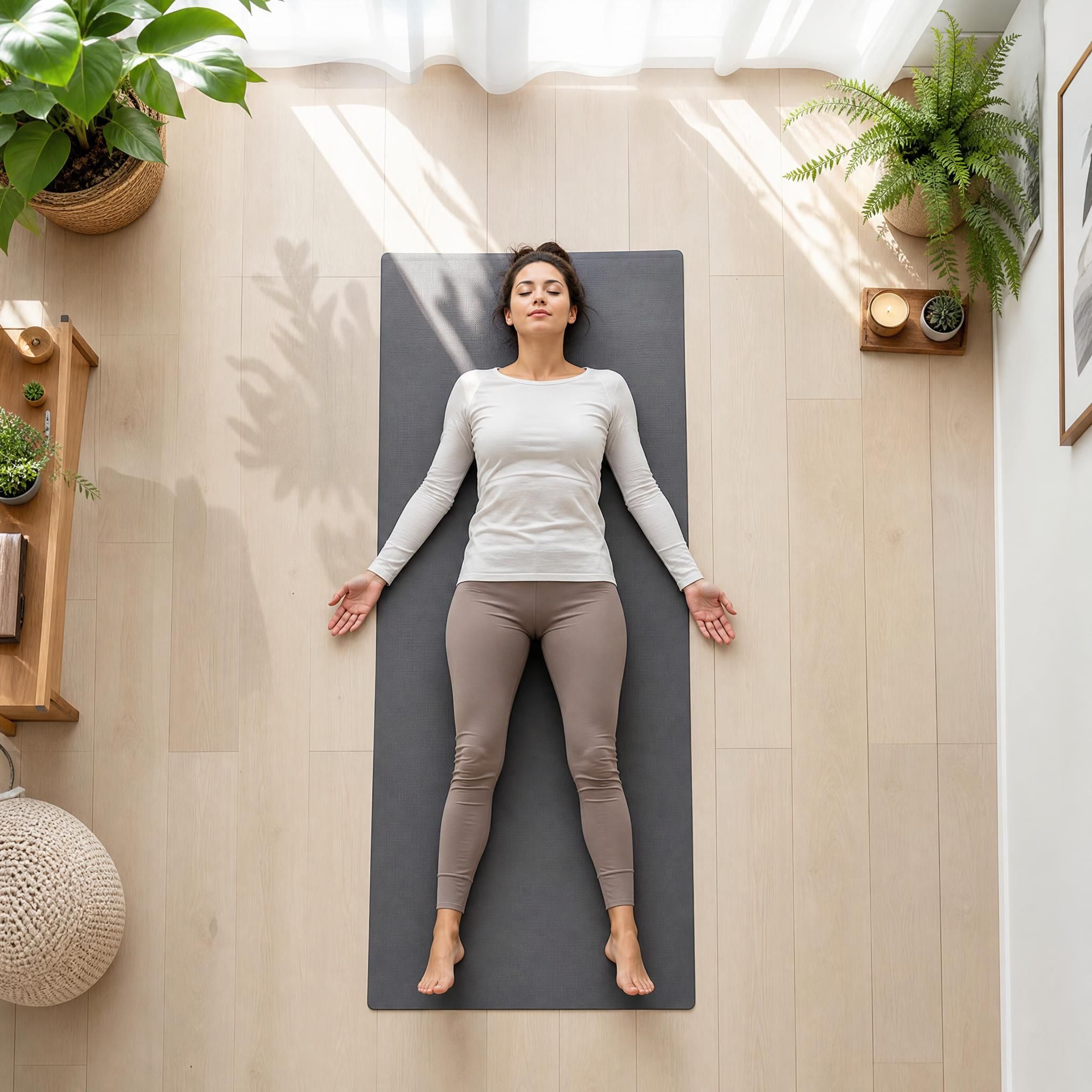 Vue de dessus sur une personne allongée sur un tapis de yoga dans une pièce lumineuse et épurée, paumes ouvertes, corps détendu — symbolisant la relaxation profonde et la libération des tensions, plan large