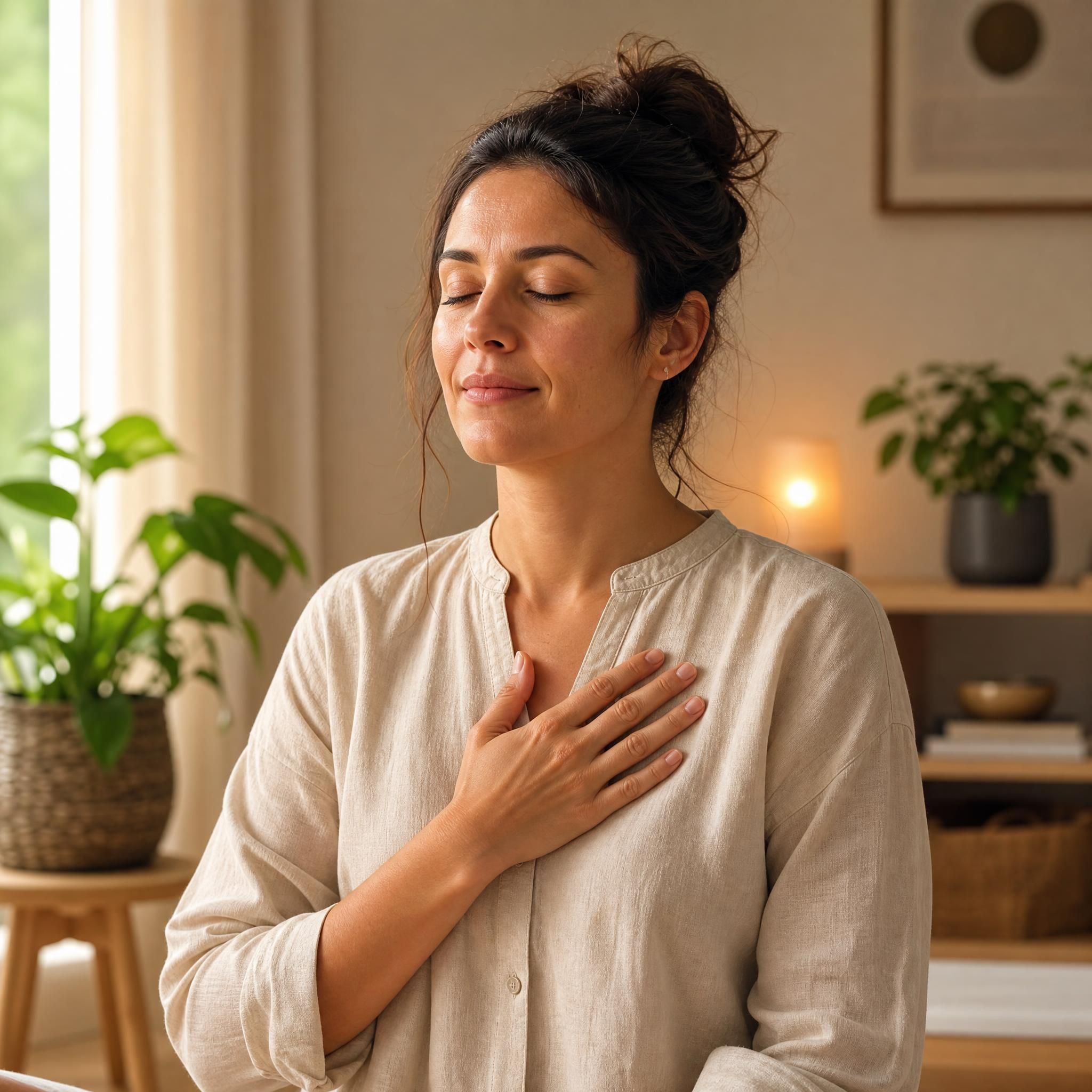 Une personne qui pose la main sur sa poitrine, yeux mi-clos, expression de concentration bienveillante, dans un espace intérieur calme, lumière douce et chaleureuse