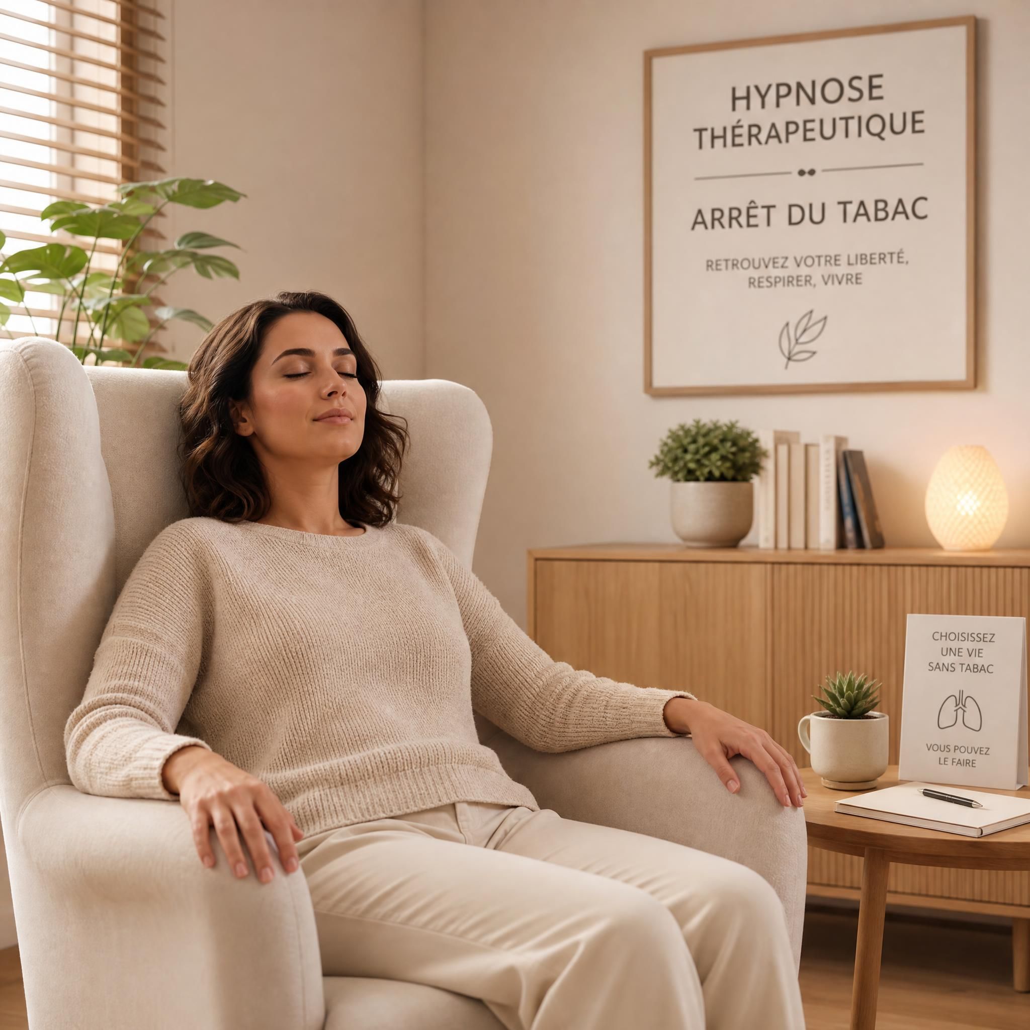 Une femme détendue en séance d'hypnose thérapeutique pour l'arrêt du tabac, assise dans un fauteuil confortable, yeux fermés, expression de sérénité, cabinet moderne aux tons beige et bois clair