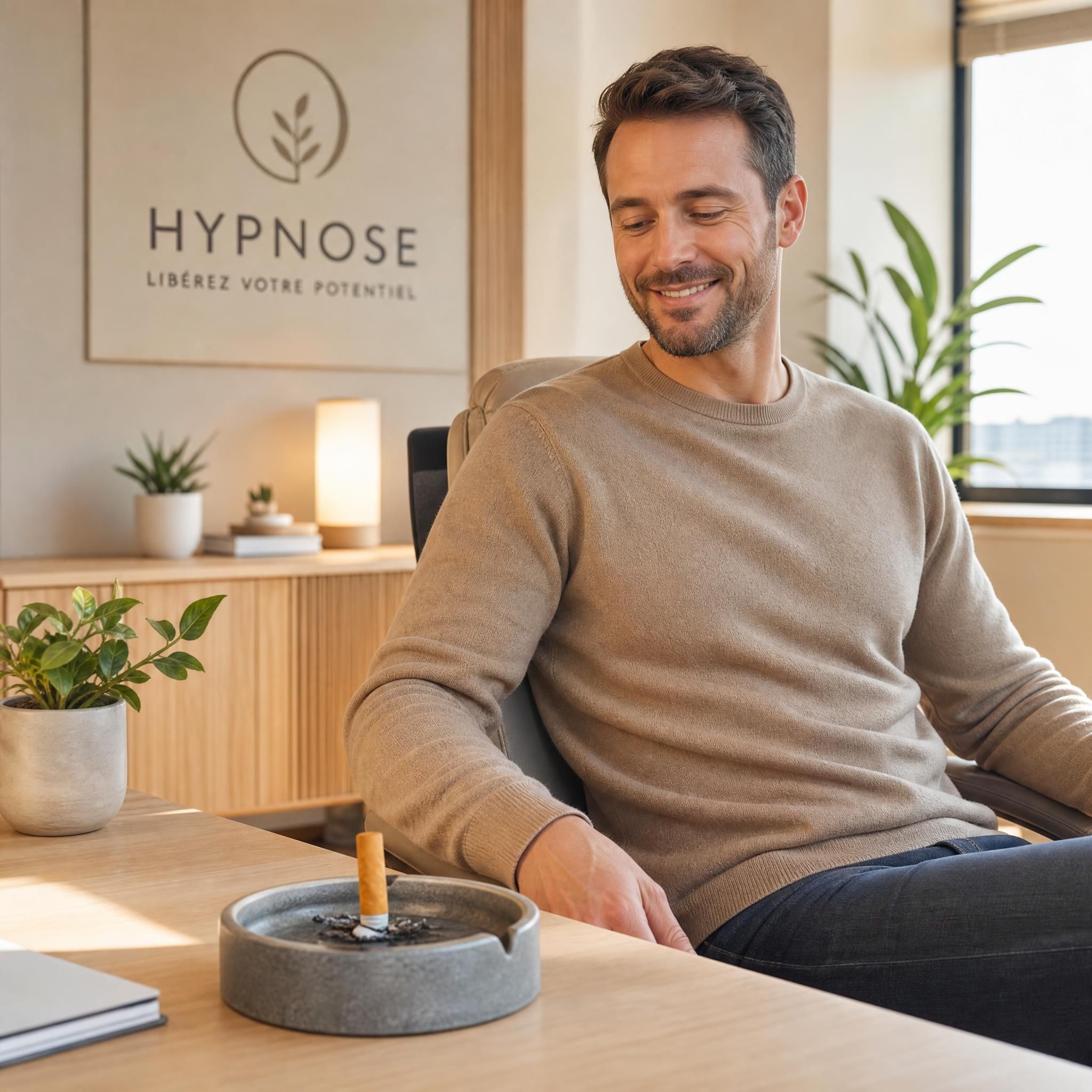 Un homme souriant qui regarde une cigarette écrasée dans un cendrier, expression de liberté et de fierté, cabinet d'hypnose moderne aux tons beige et bois clair, lumière naturelle douce