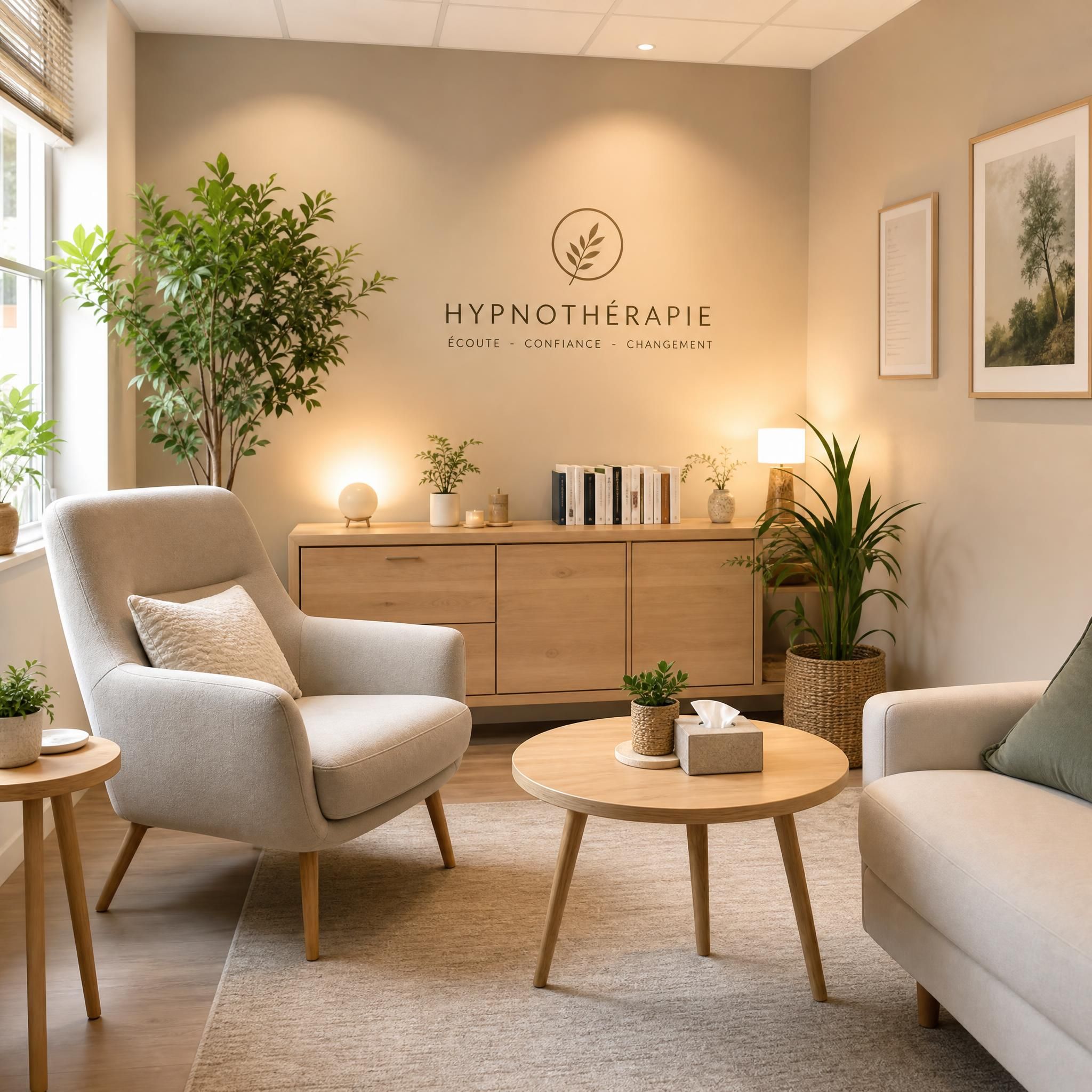 Vue d'ensemble d'un cabinet d'hypnothérapie moderne et chaleureux, fauteuil confortable, plantes vertes, lumière naturelle douce, tons beige et bois clair, ambiance apaisante et professionnelle