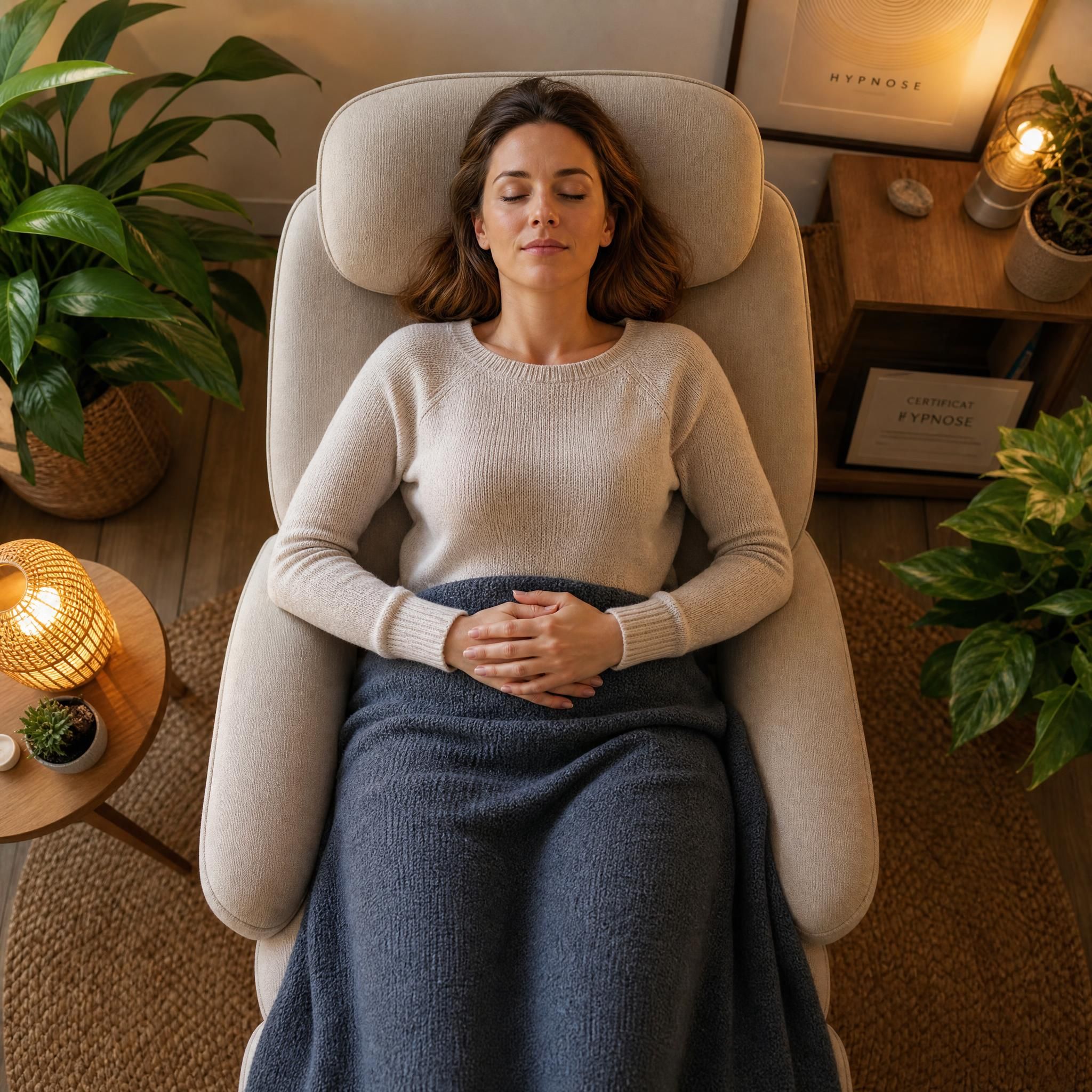 Vue de dessus d'une femme allongée dans un fauteuil confortable, yeux fermés, expression paisible, mains posées sur le ventre, dans un cabinet d'hypnose chaleureux avec plantes vertes et lumière tamisée, plan moyen