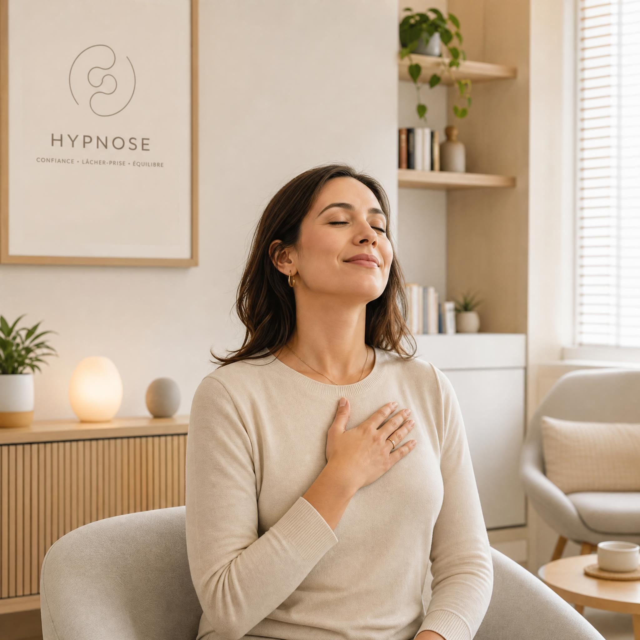 Femme d'une trentaine d'années, sereine, qui pose la main sur sa poitrine, yeux mi-clos, expression de soulagement profond, dans un cabinet d'hypnose moderne aux tons beige et bois clair, lumière naturelle douce