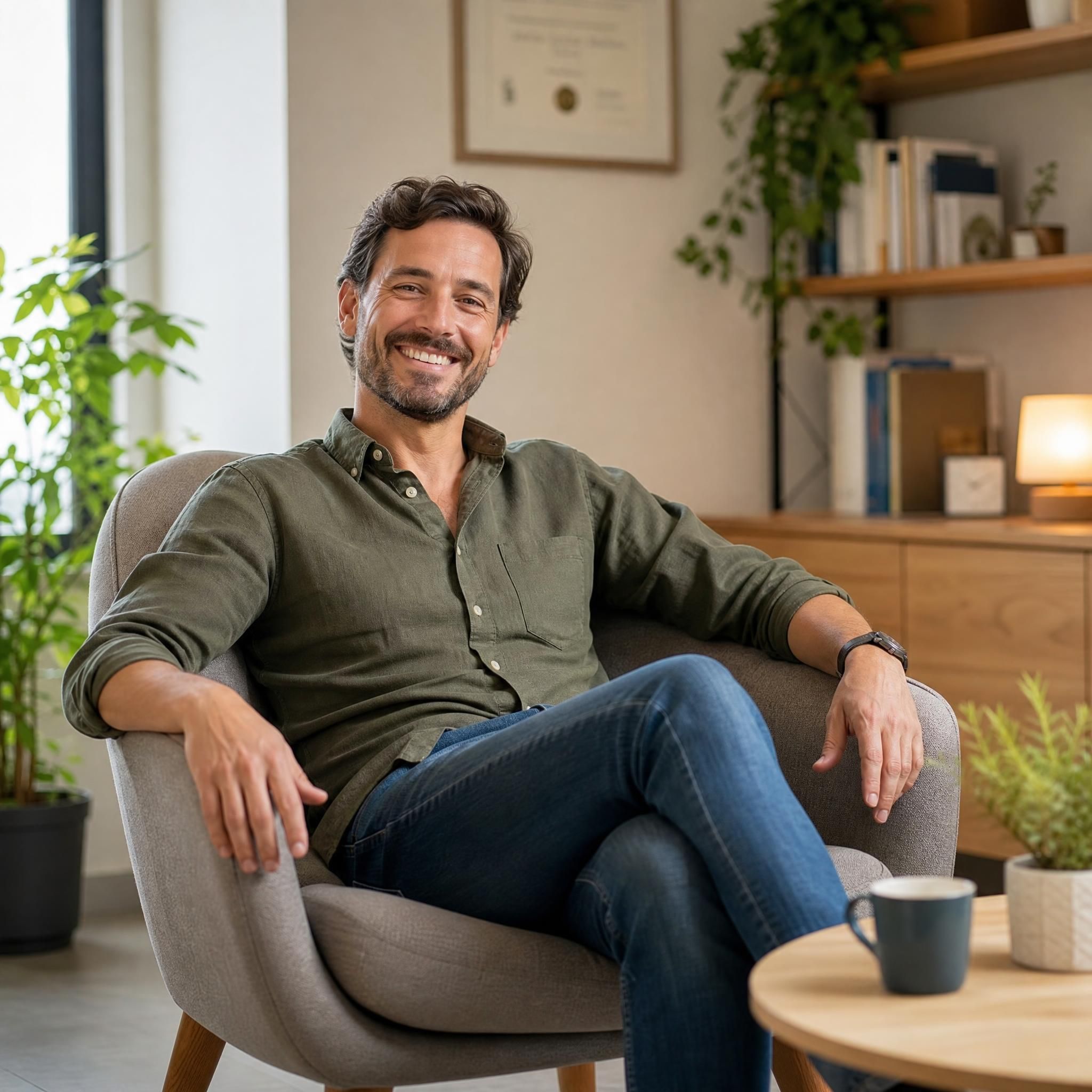 Homme souriant dans un fauteuil confortable, posture détendue et ouverte, lumière naturelle douce, expression de légèreté et de confiance retrouvée — plan moyen, cabinet chaleureux aux tons bois clair et plantes vertes