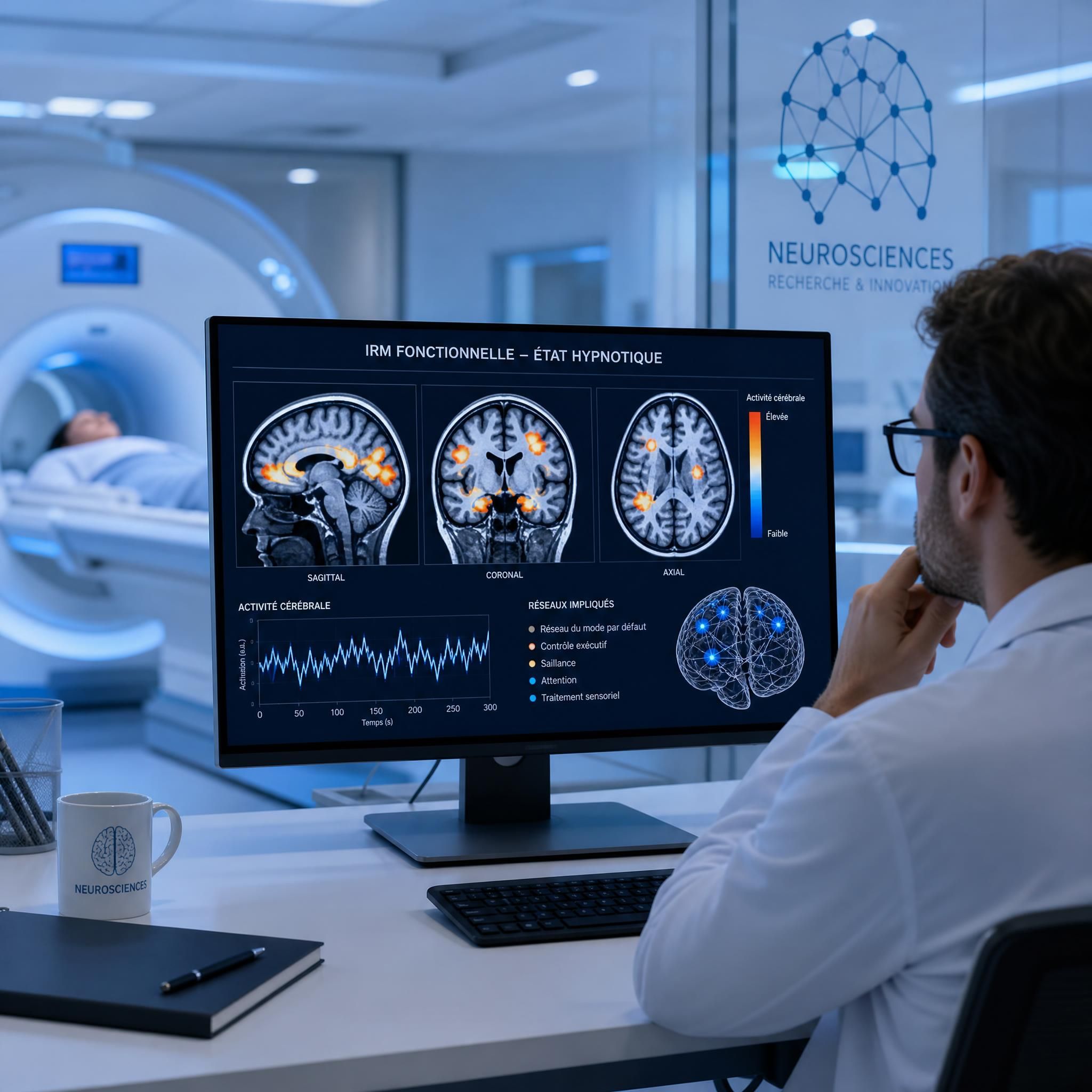 Chercheur devant un écran d'IRM fonctionnelle montrant l'activité cérébrale pendant l'état hypnotique, dans un laboratoire de neurosciences moderne aux tons bleu et blanc, ambiance scientifique et sérieuse